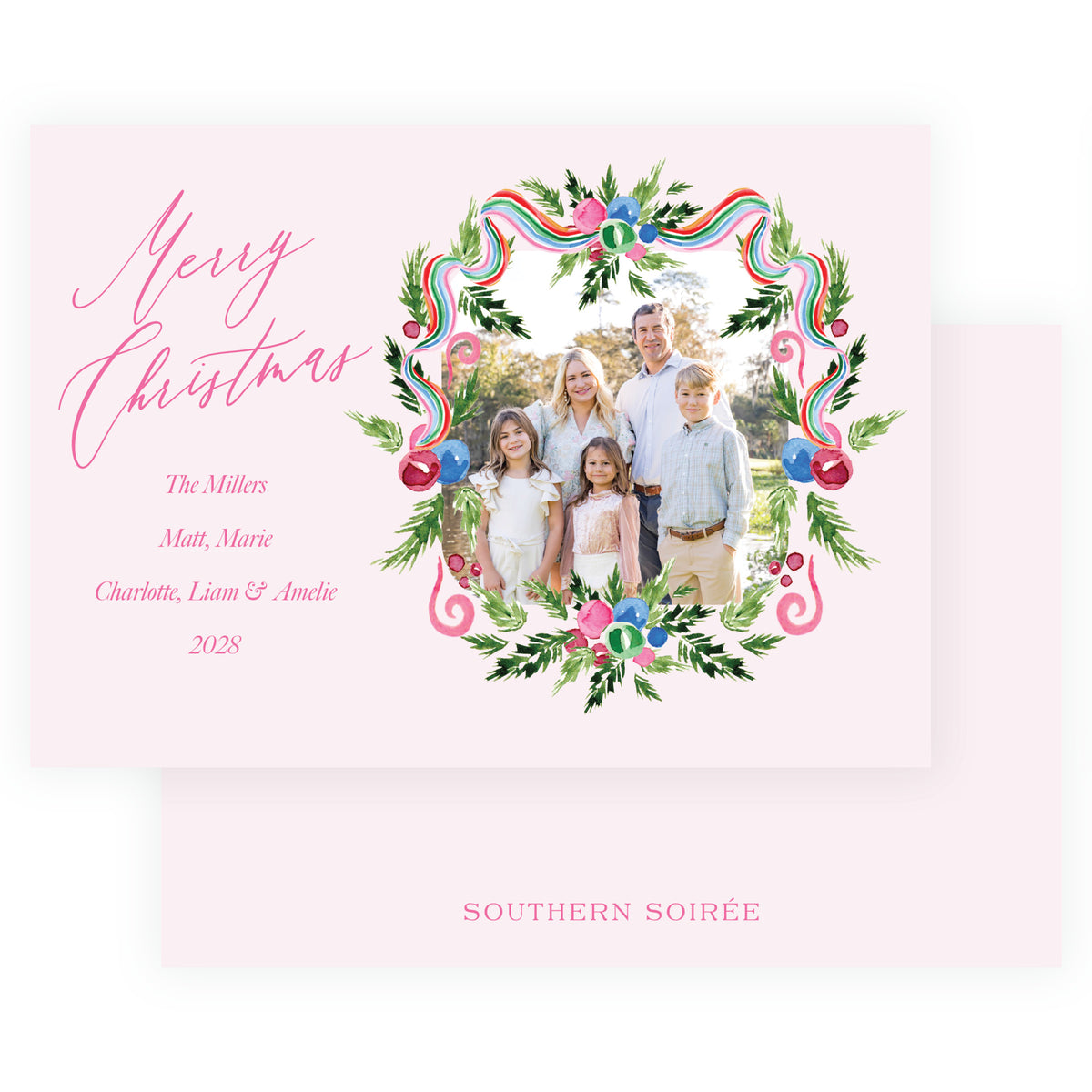 Merry Wreath Pink Landscape Personalized Christmas Photo Card