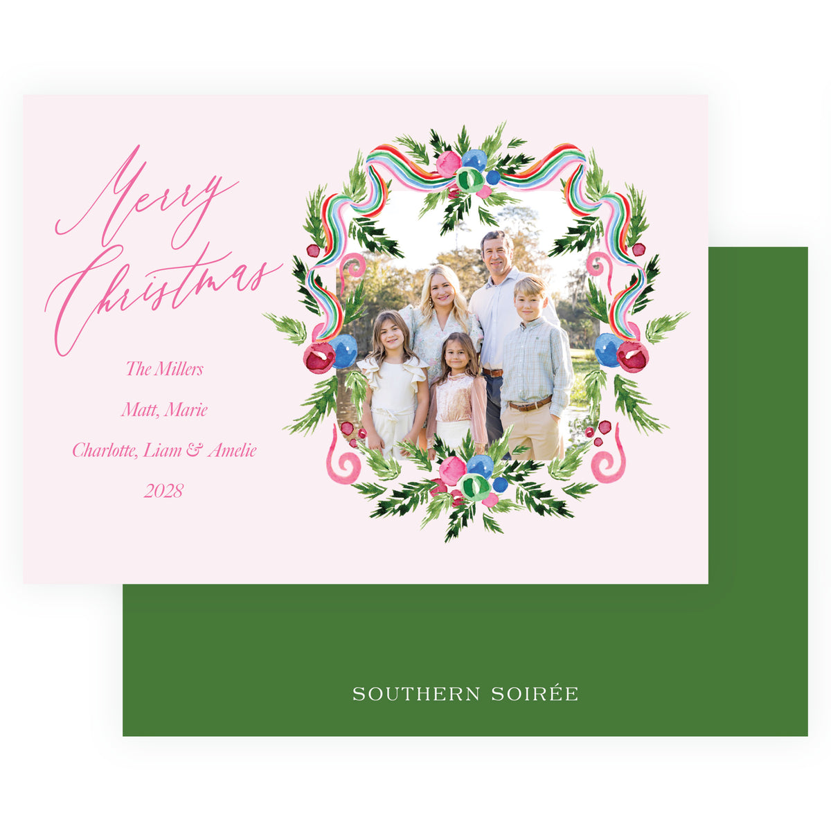 Merry Wreath Pink Landscape Personalized Christmas Photo Card