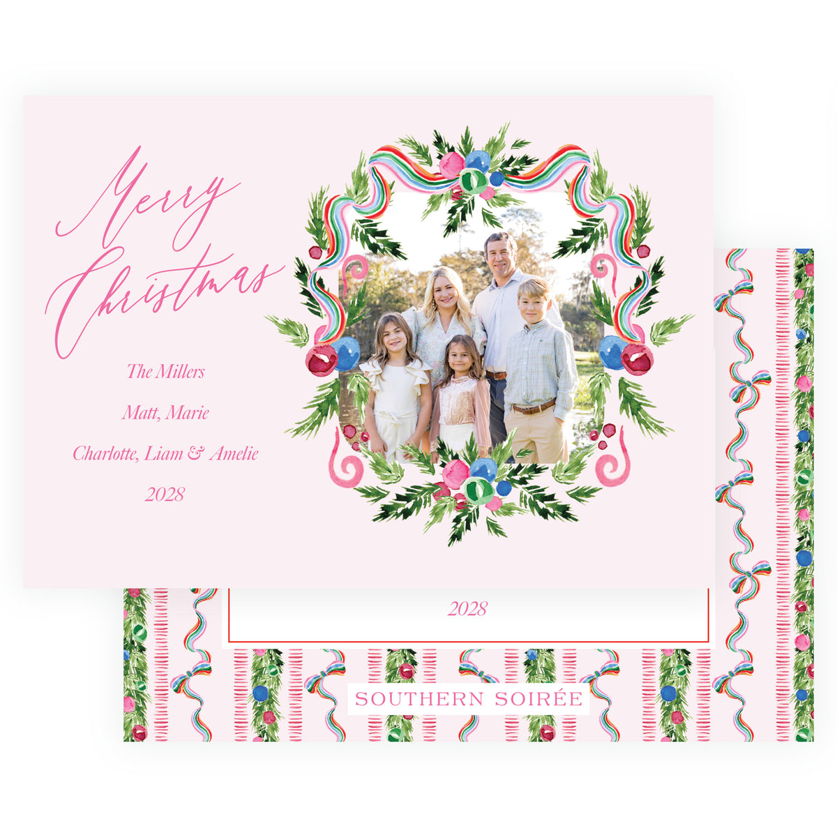 Merry Wreath Pink personalized Christmas photo card with colorful watercolor ribbon, greenery and family photo on pink background
