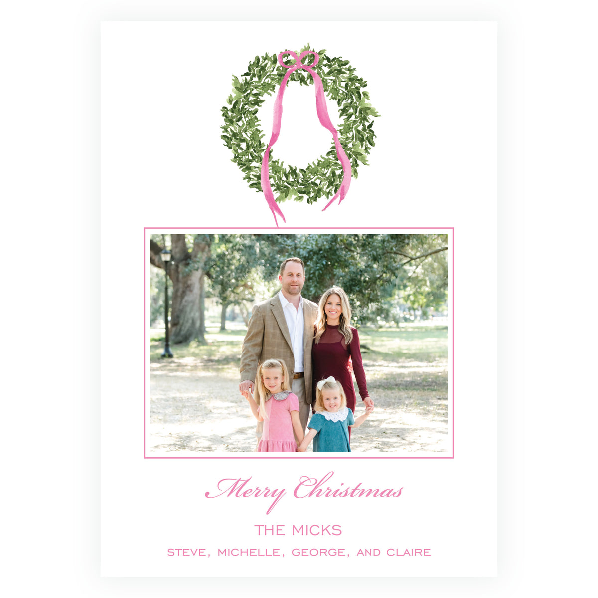 Evergreen wreath Christmas photo card with bright pink ribbon