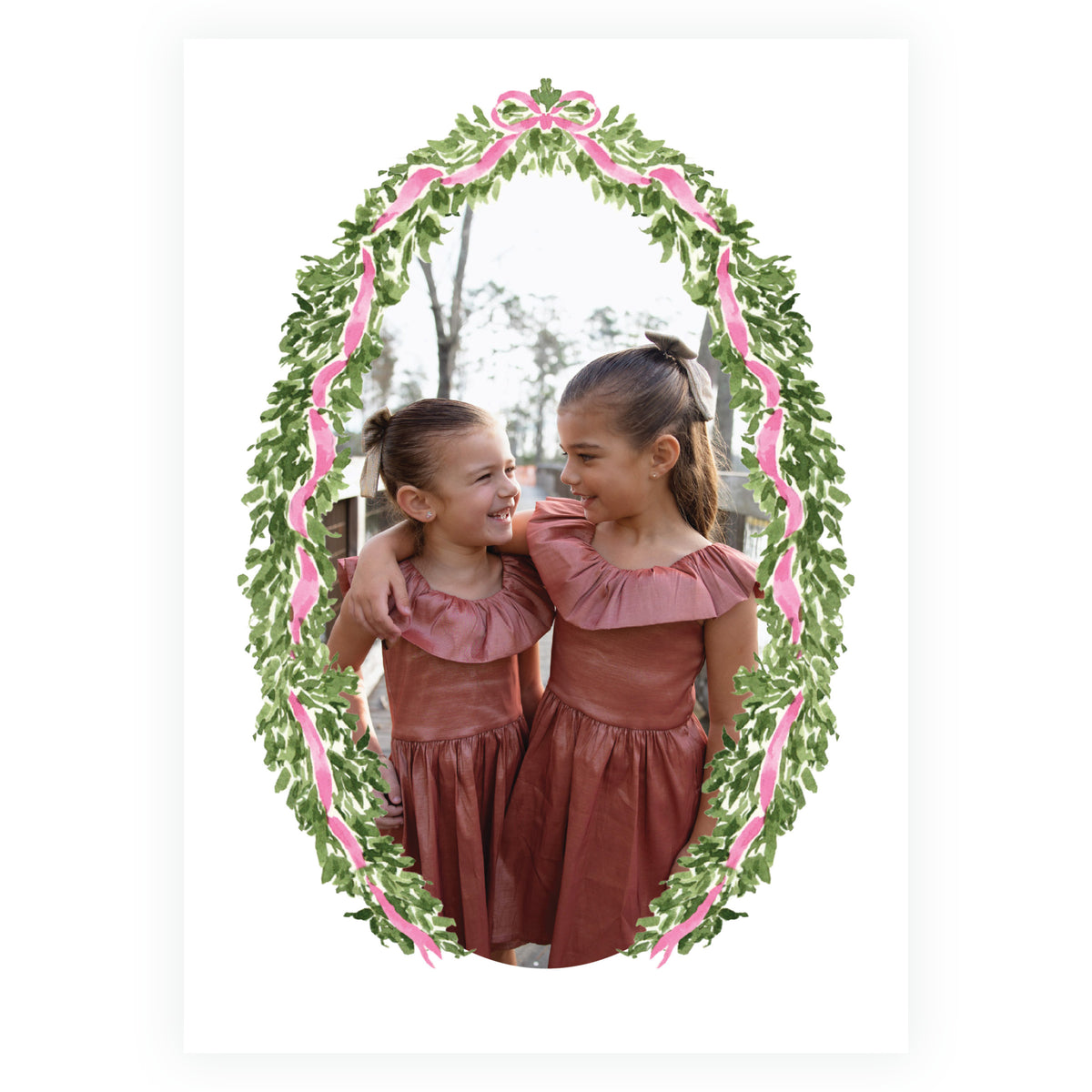 Watercolor evergreen oval Christmas card with pink bow