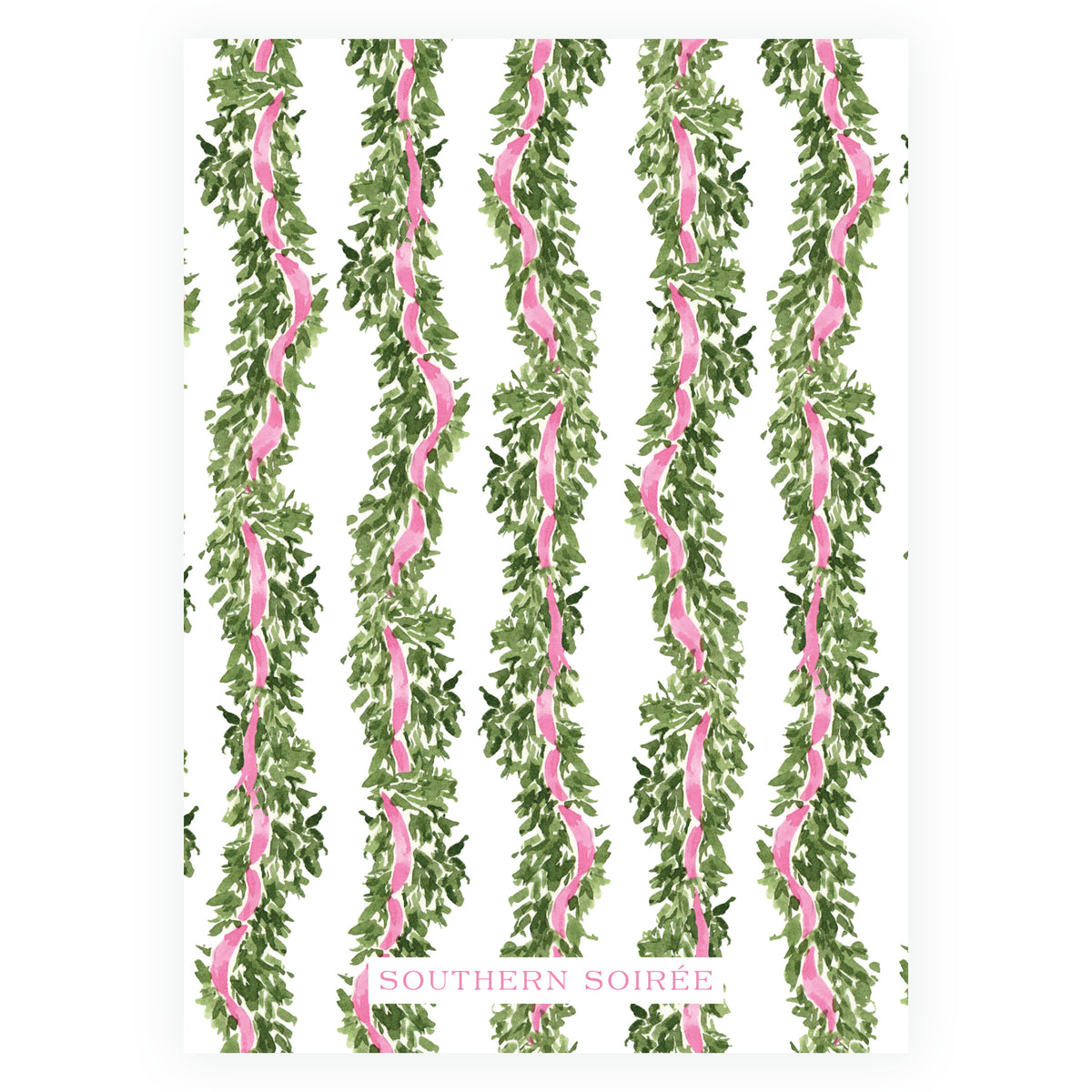 Evergreen garland pattern Christmas photo card with bright pink ribbon
