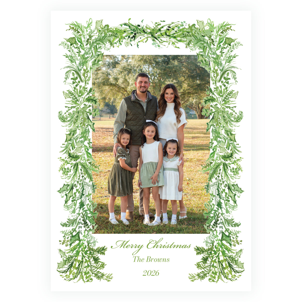 Festive Fir Evergreen Garland Personalized Christmas Photo Card