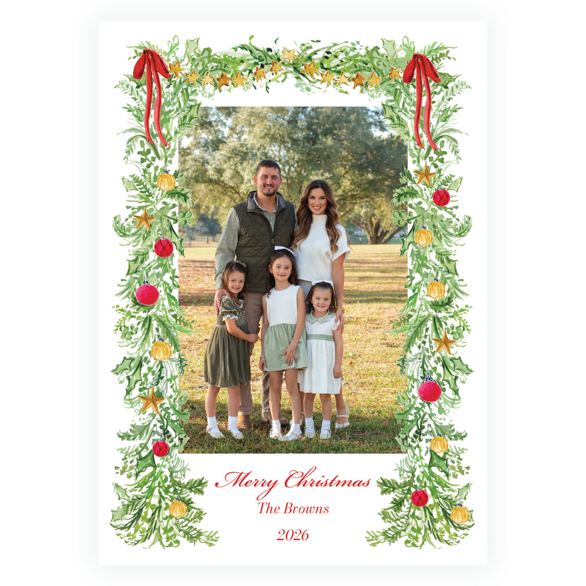 Festive Fir Red Ribbon Garland Personalized Christmas Photo Card