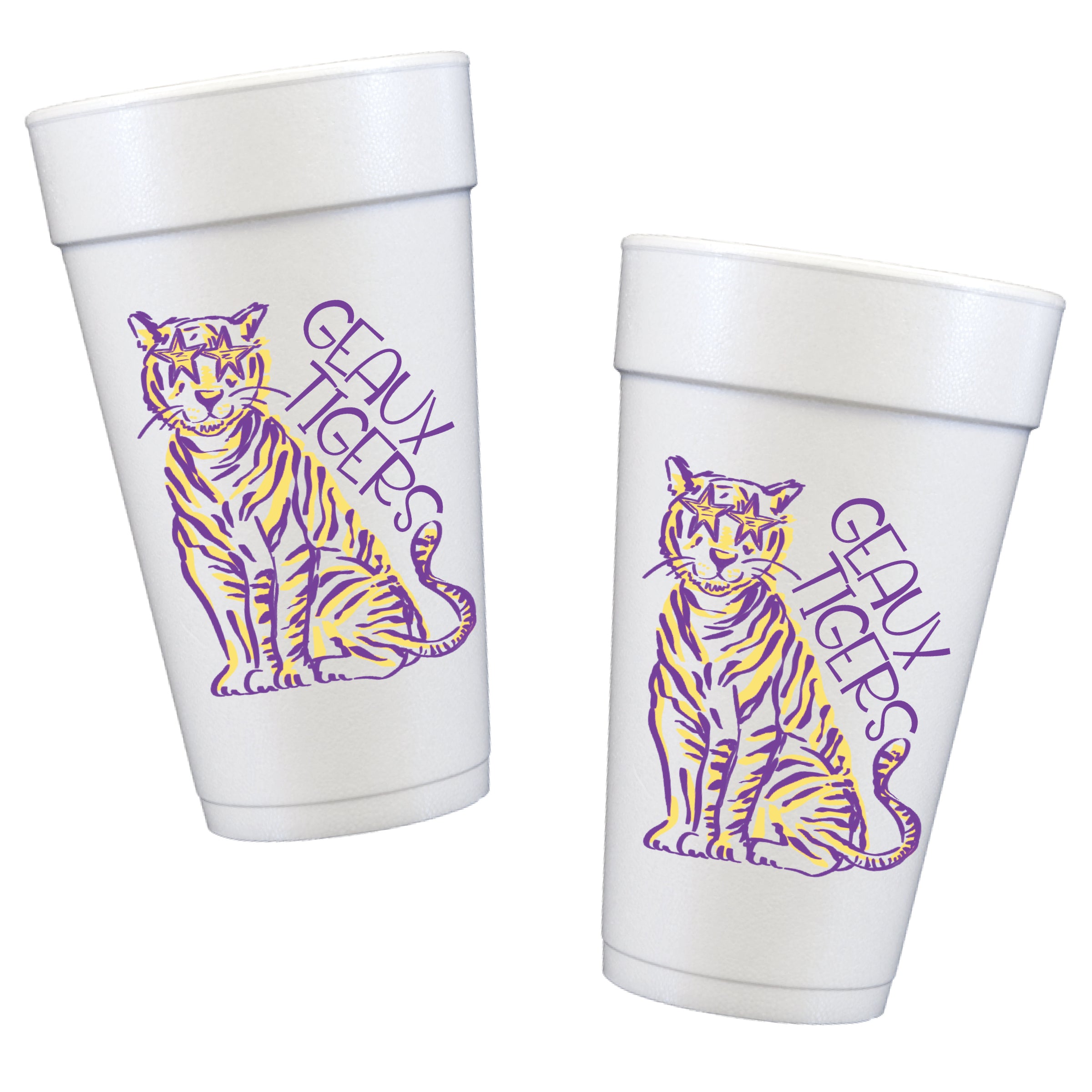Purple and gold tiger Styrofoam cups with Geaux Tigers design and star sunglasses