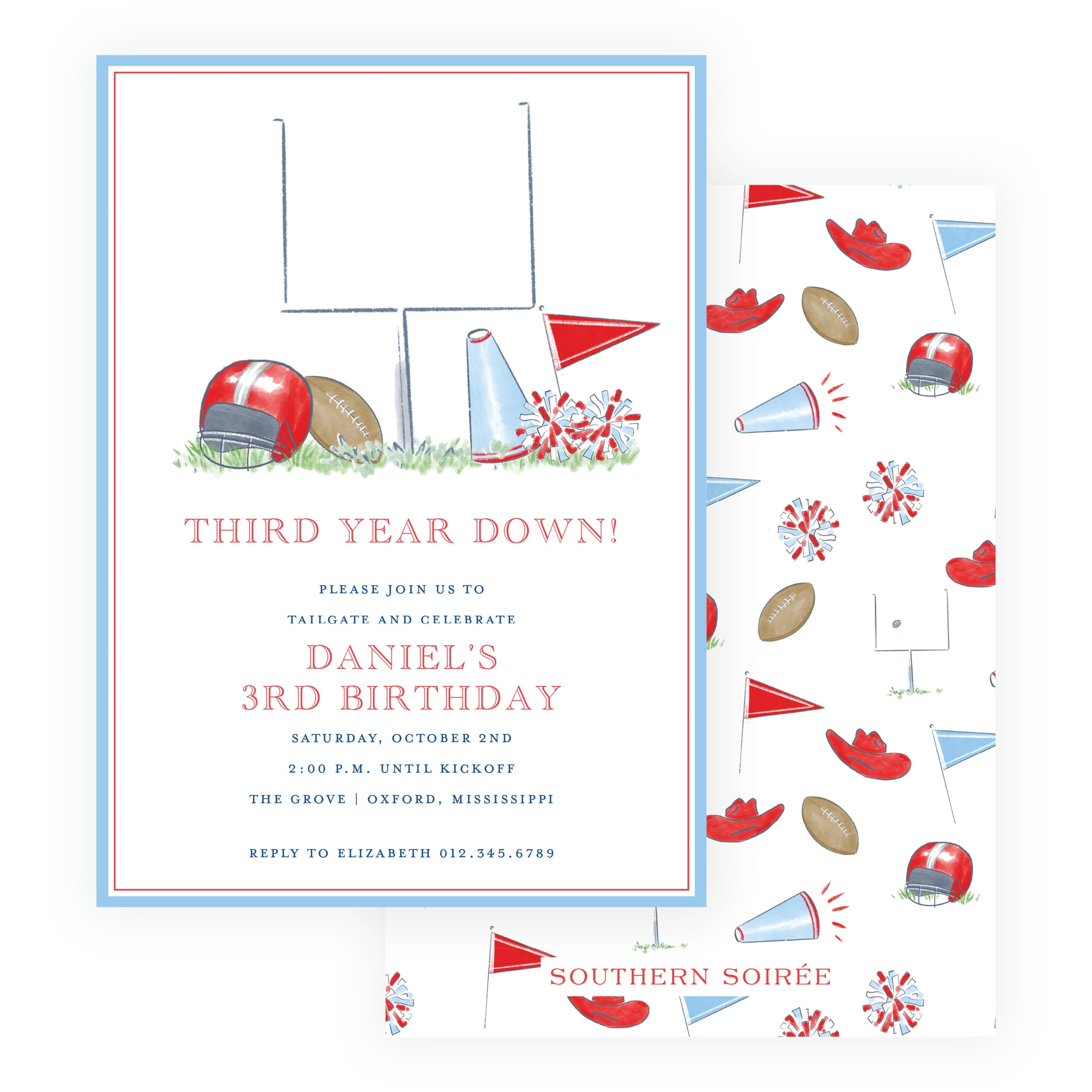 Red, navy and powder blue football equipment birthday invitation for a game-day party