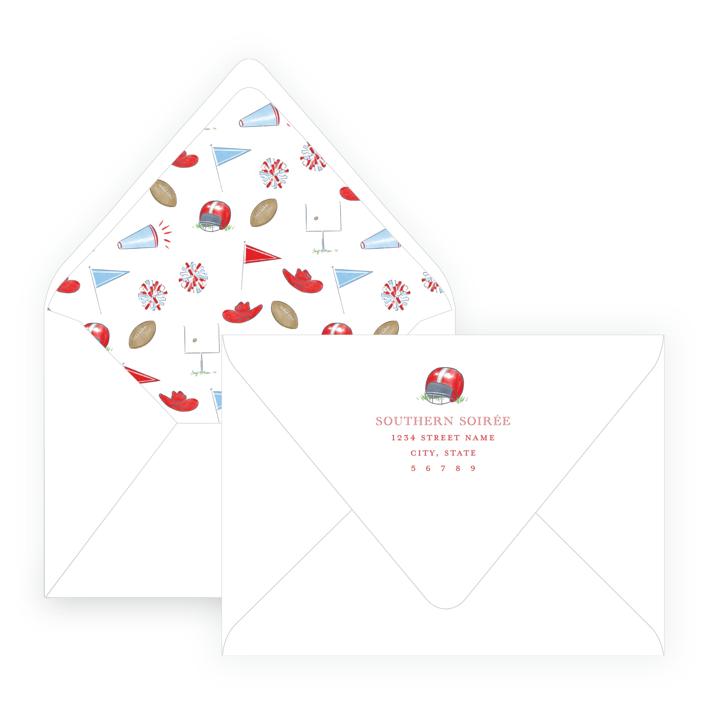 Red, Navy & Powder Blue Football Equipment Birthday Invitation
