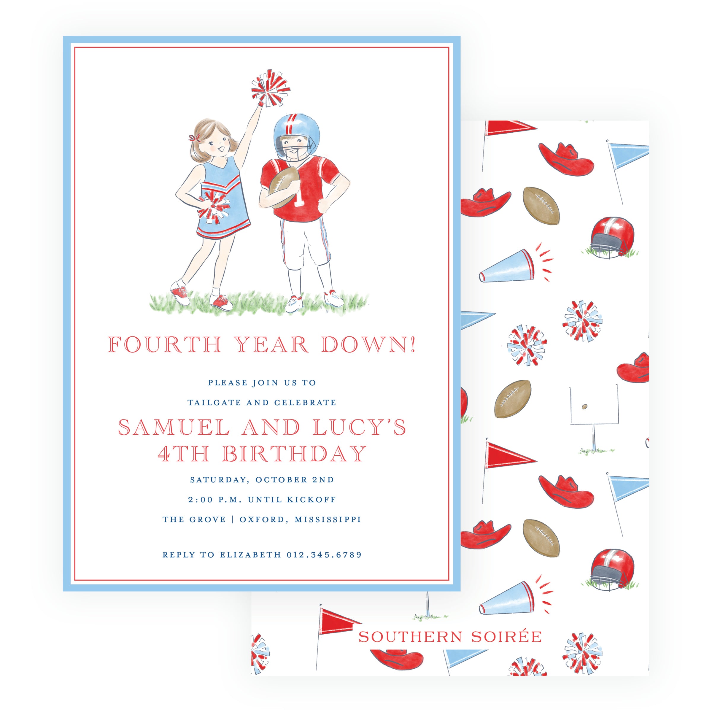 Red, navy and powder blue joint birthday invitation with cheerleader and football player