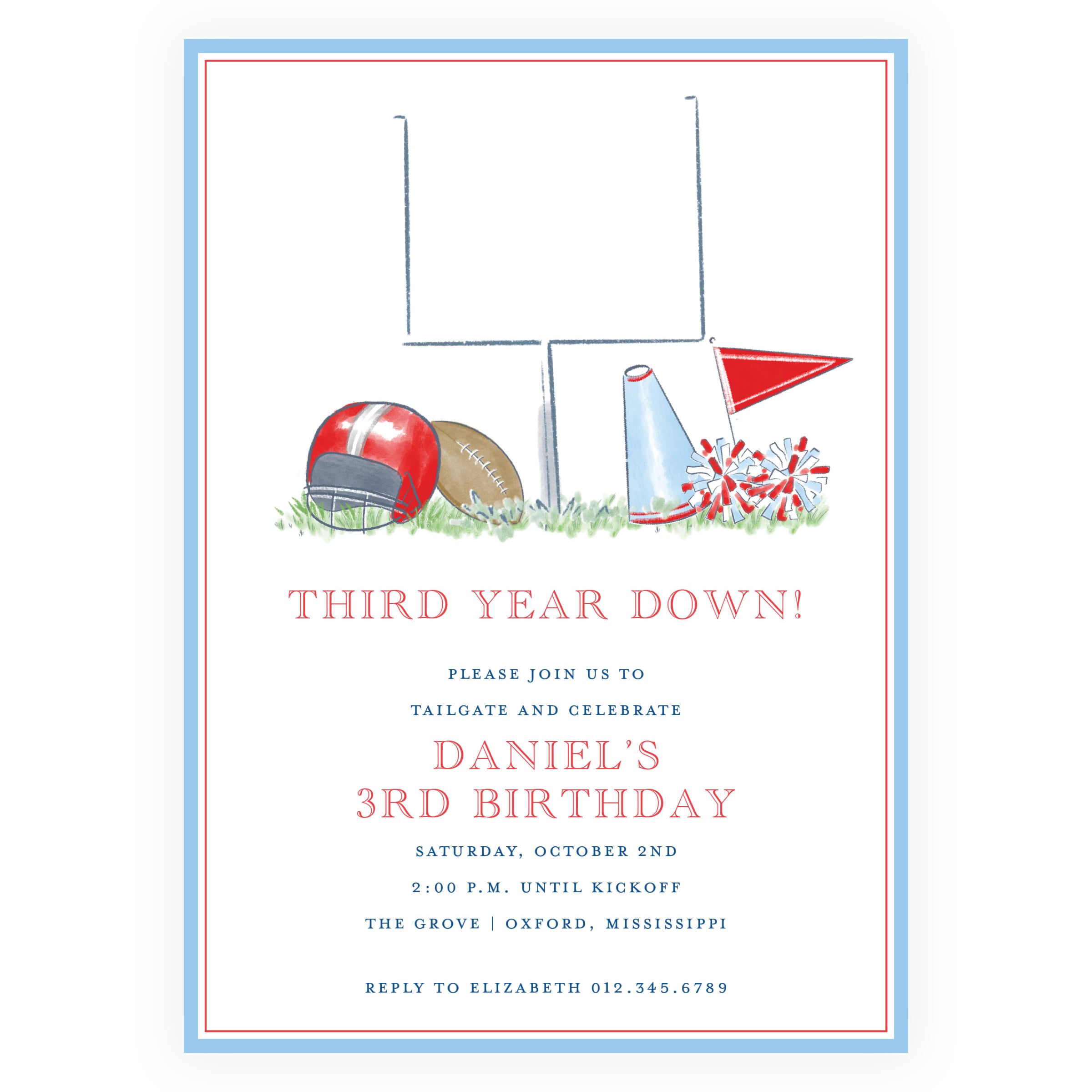 Red, Navy & Powder Blue Football Equipment Birthday Invitation
