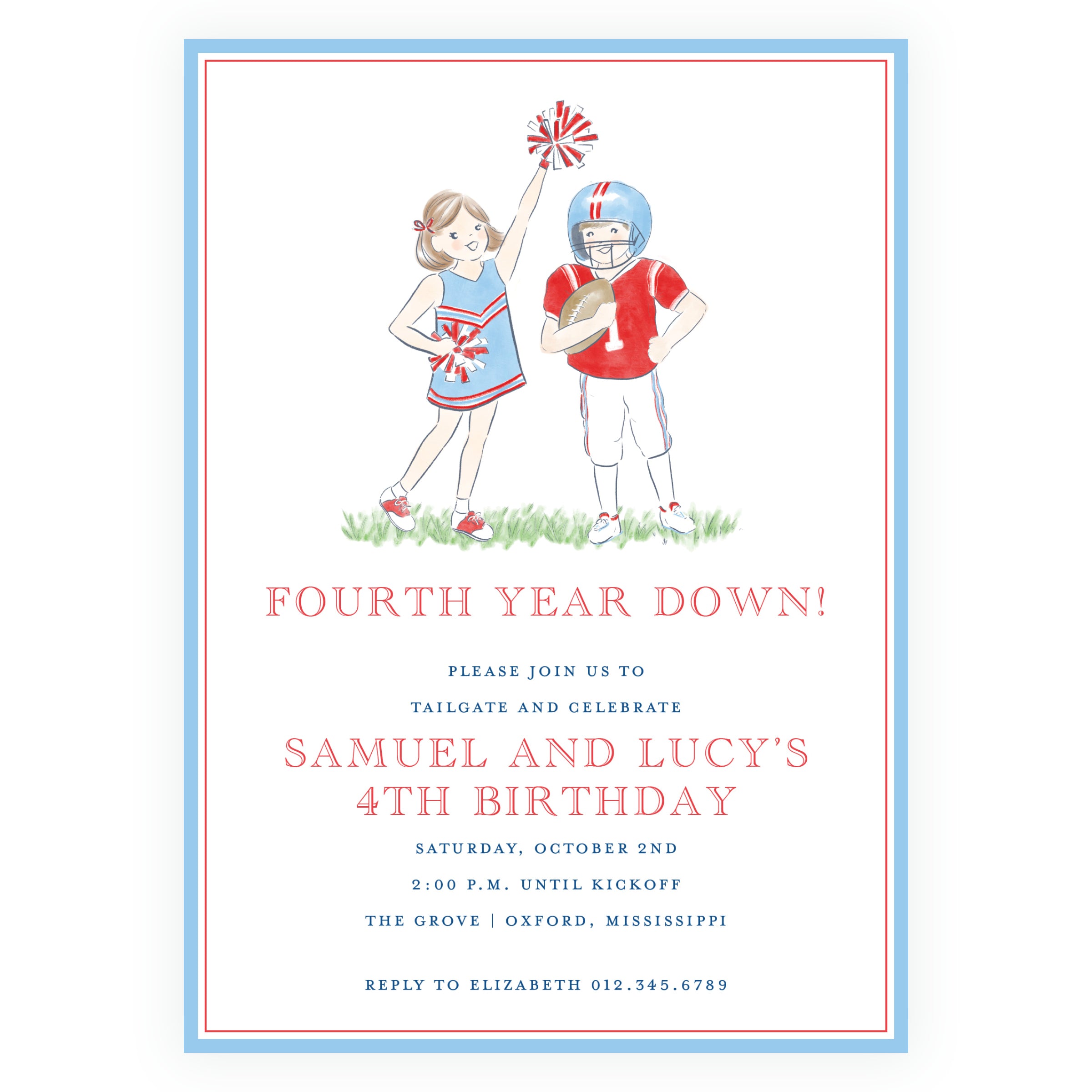 Red, Navy & Powder Blue Cheerleader and Football Player Birthday Invitation