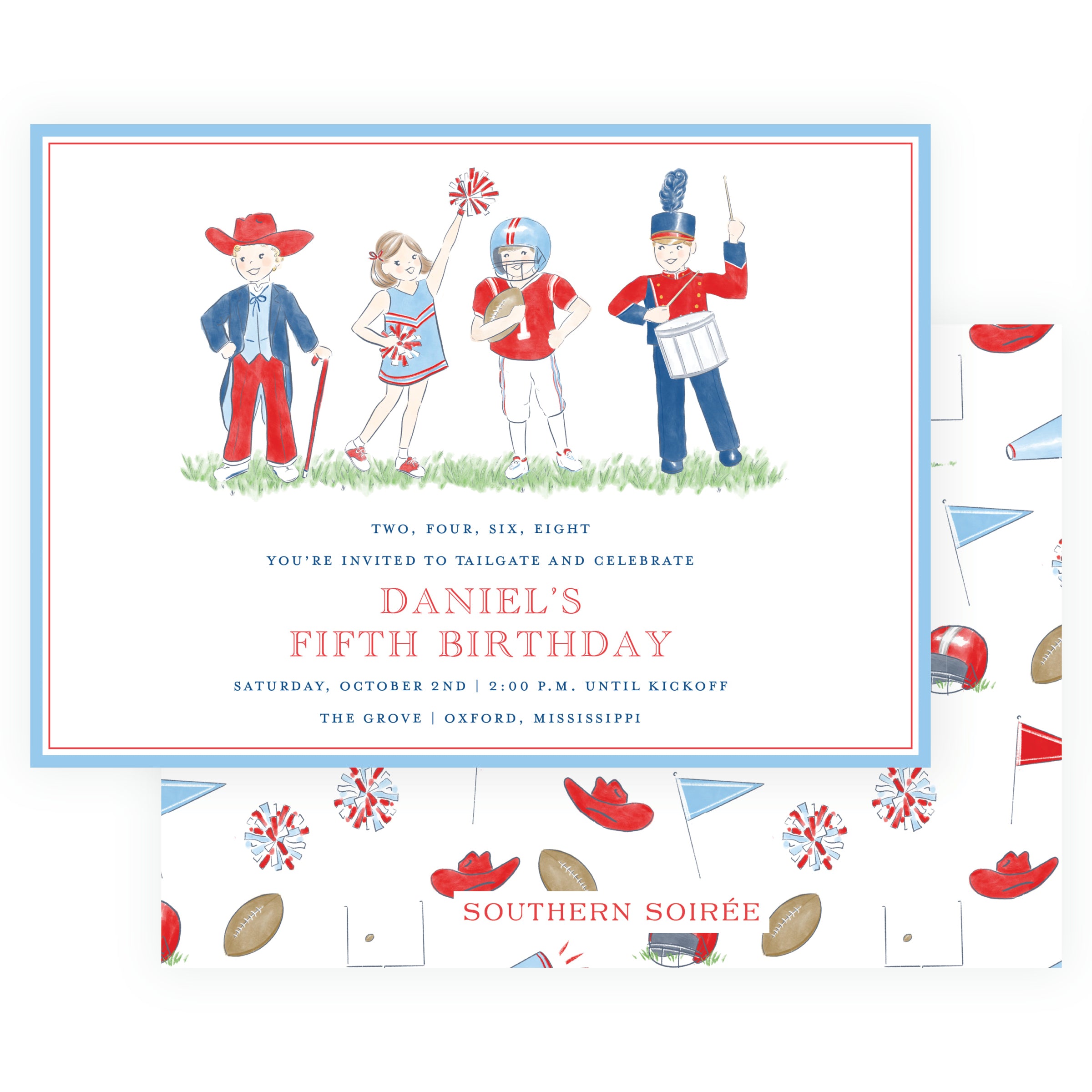 Red, navy and powder blue football birthday invitation with game-day characters