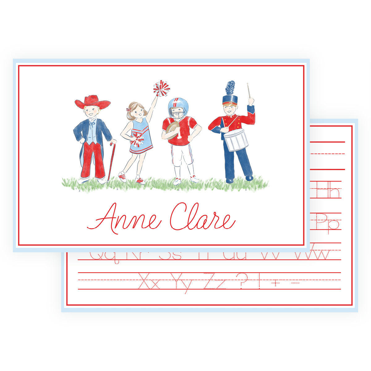 Personalized football script placemat for kids with red and blue watercolor game day characters