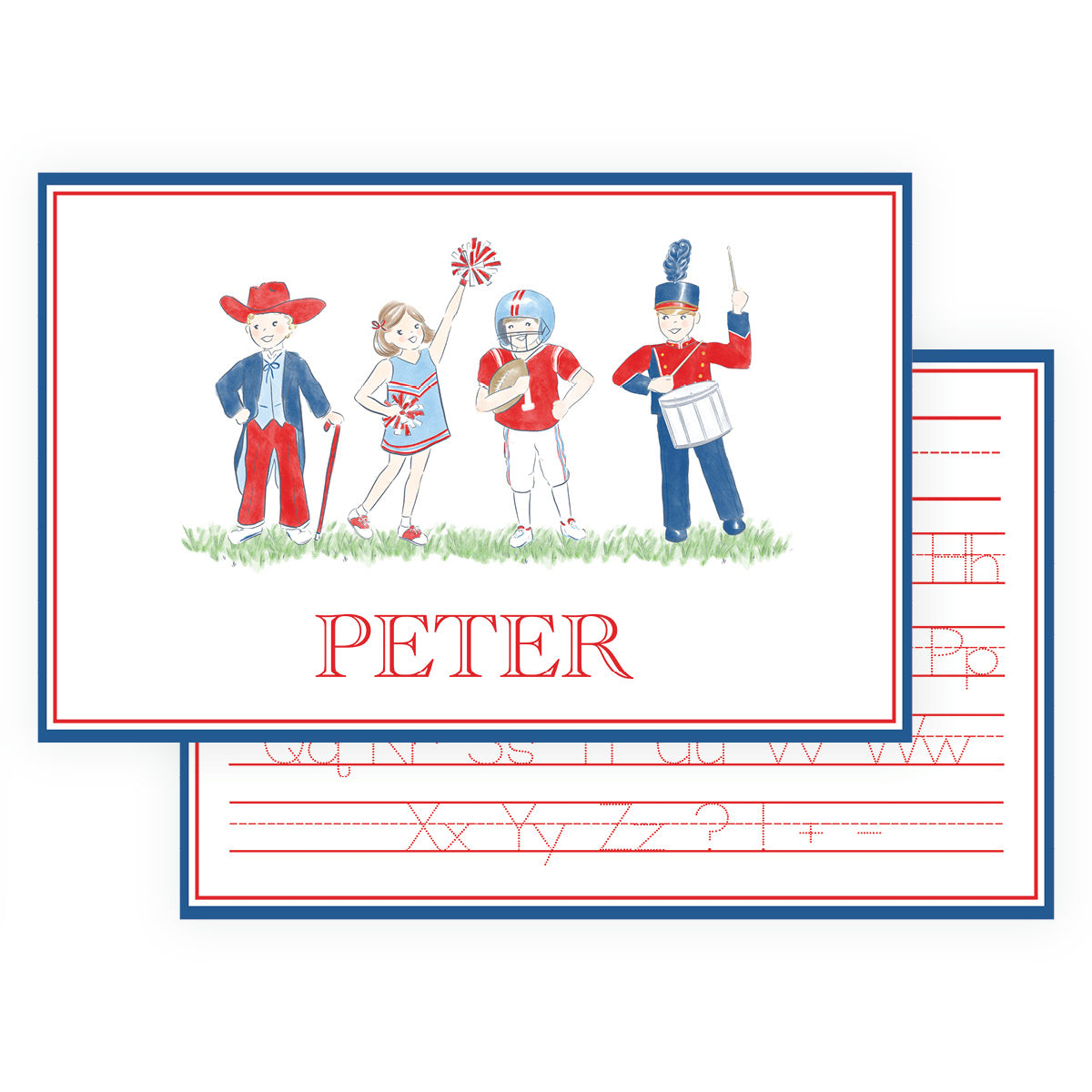 Personalized football placemat for kids with red and blue watercolor rebel, cheerleader, football player and drummer