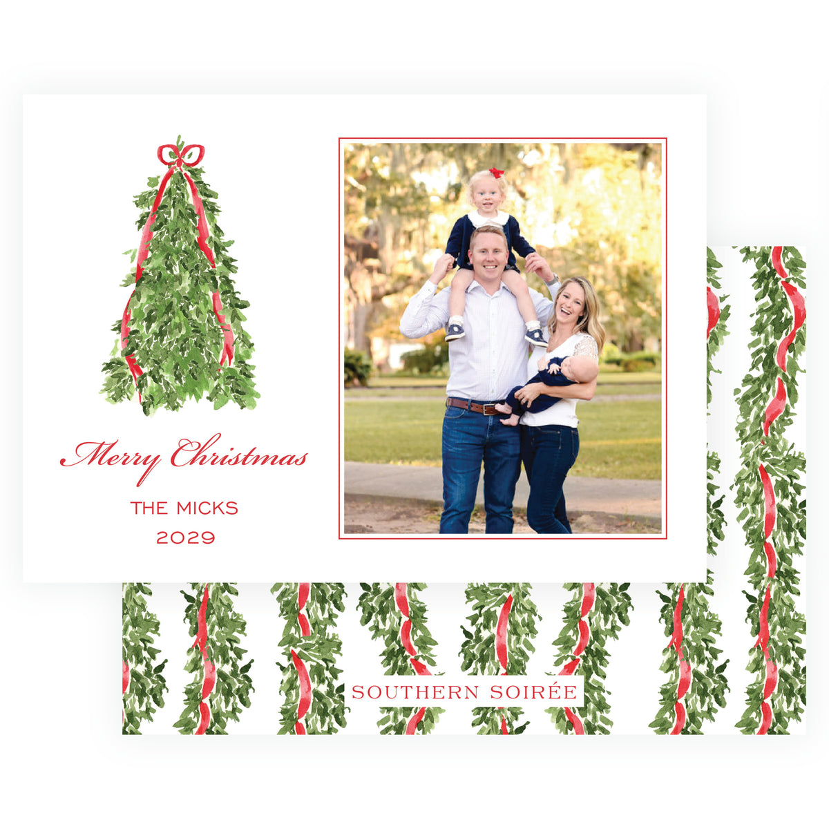 Red Christmas tree personalized Christmas photo card with watercolor greenery