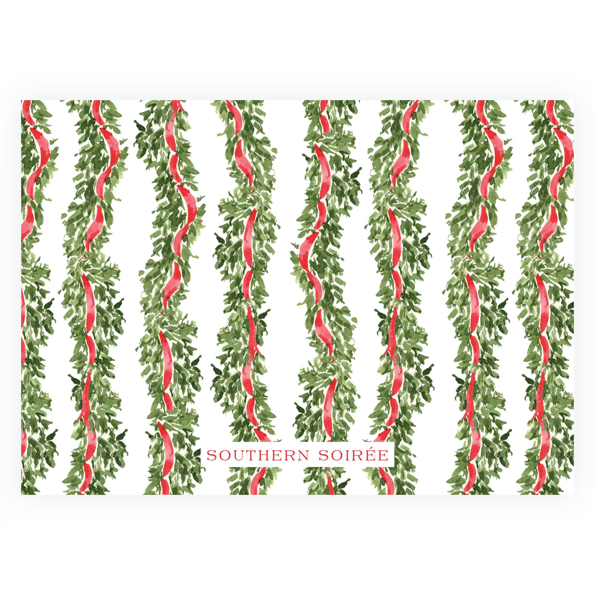 Traditional personalized Christmas photo card with greenery wreath and red ribbon