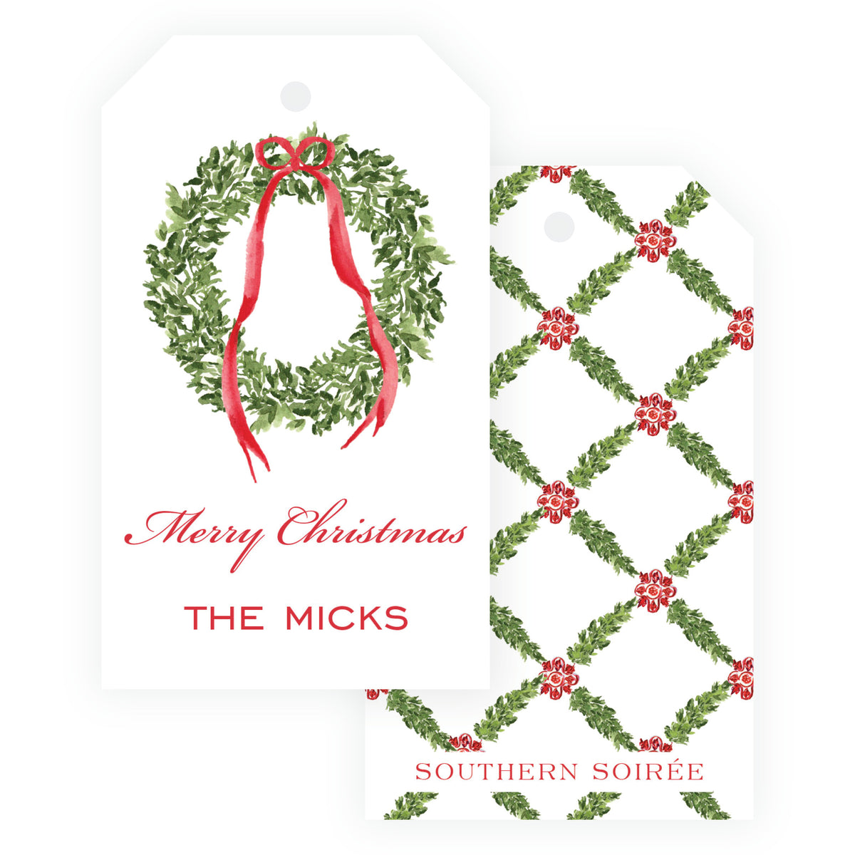 Decked in Bows Red Wreath Personalized Christmas Gift Tag