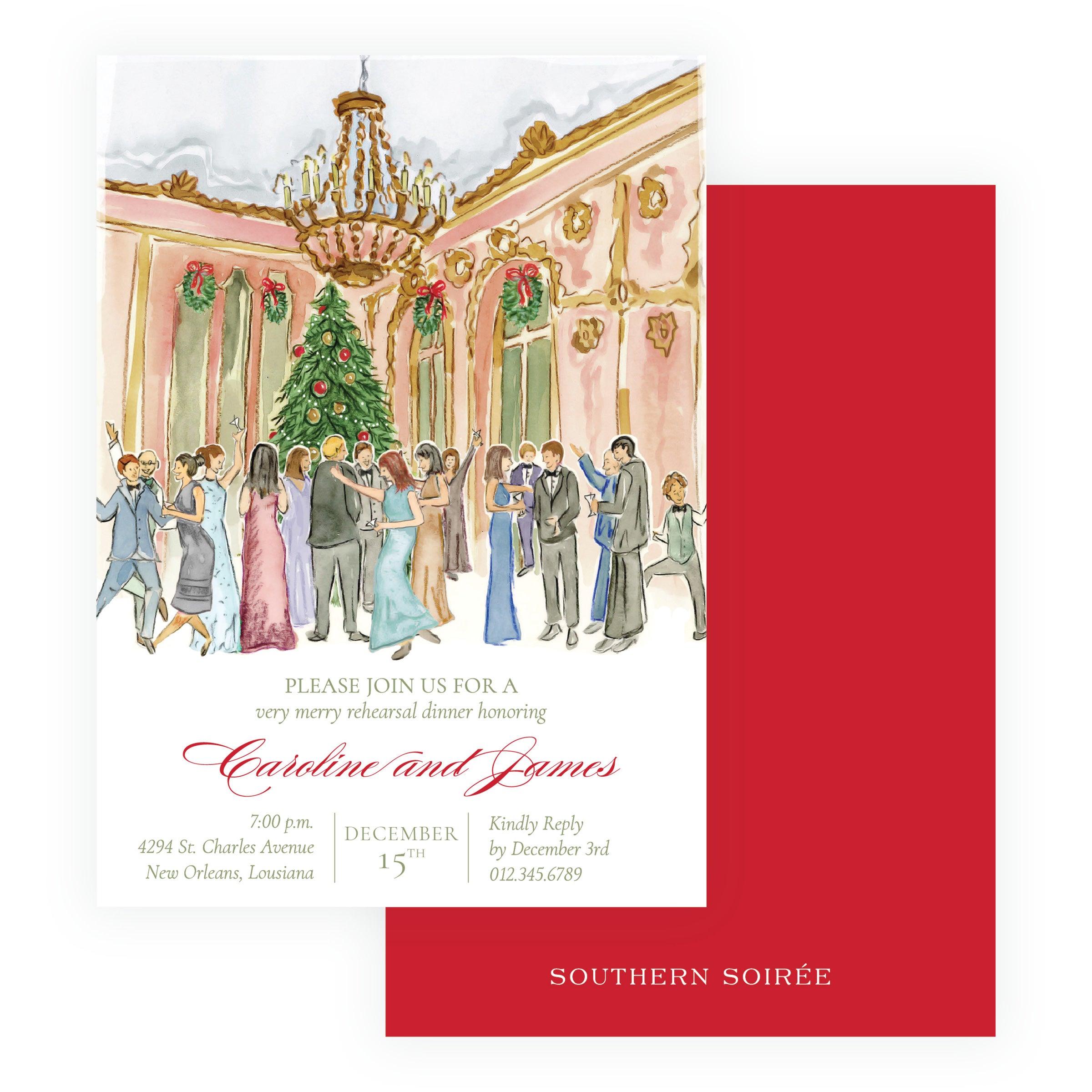 Elegant holiday rehearsal dinner invitation with watercolor Christmas party artwork