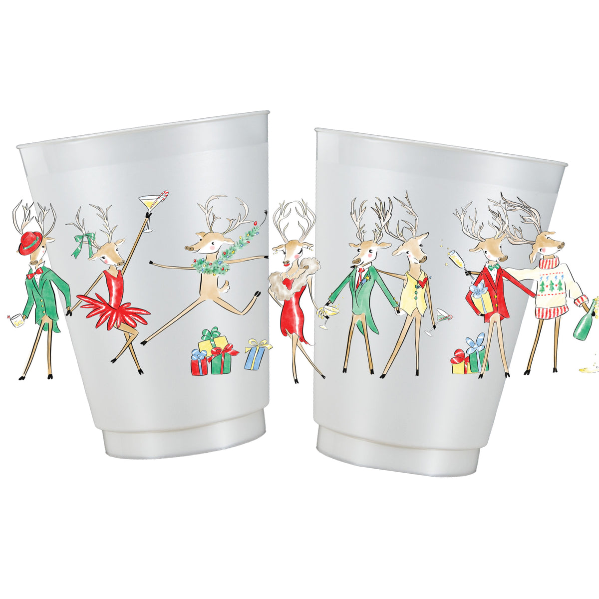 Pearl white 16 oz frosted Christmas cups featuring watercolor reindeer dressed in festive outfits with cocktails, champagne and gifts