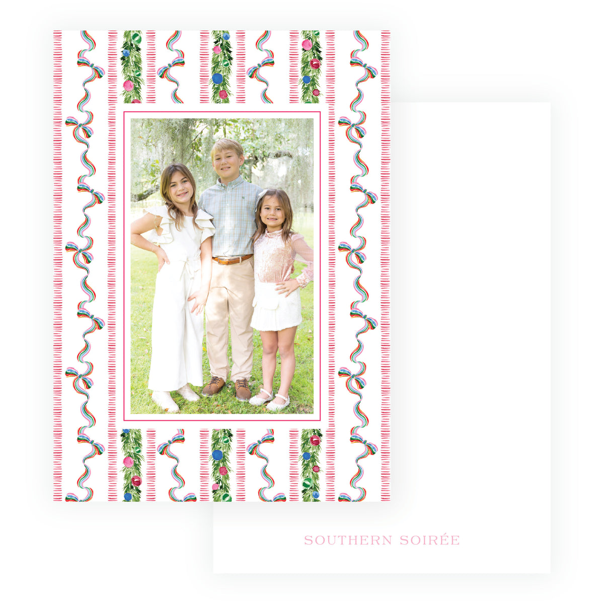 Personalized watercolor holiday card with festive garland and colorful ribbon