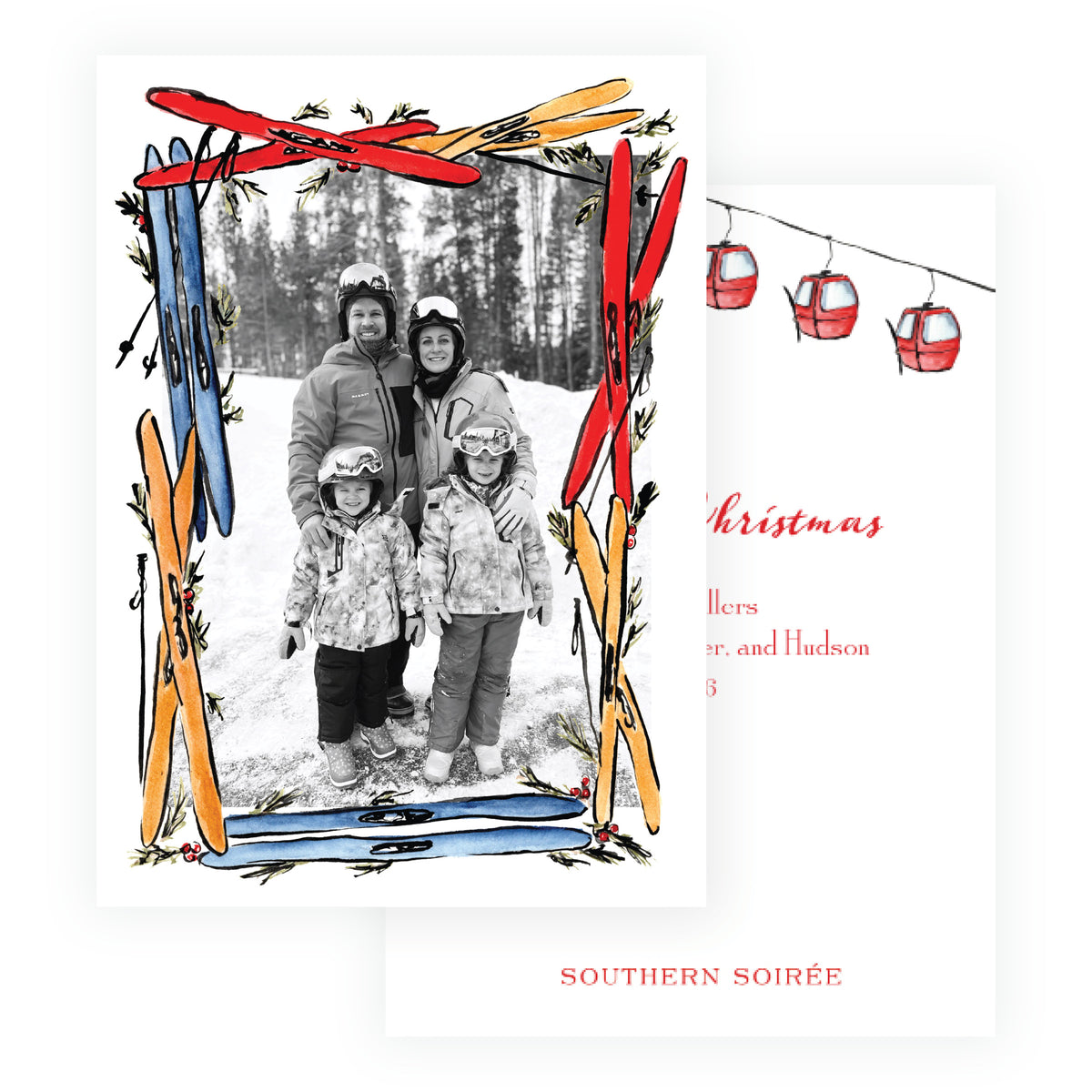 Alpine Holiday ski photo card with colorful watercolor ski border and coordinating red gondola back
