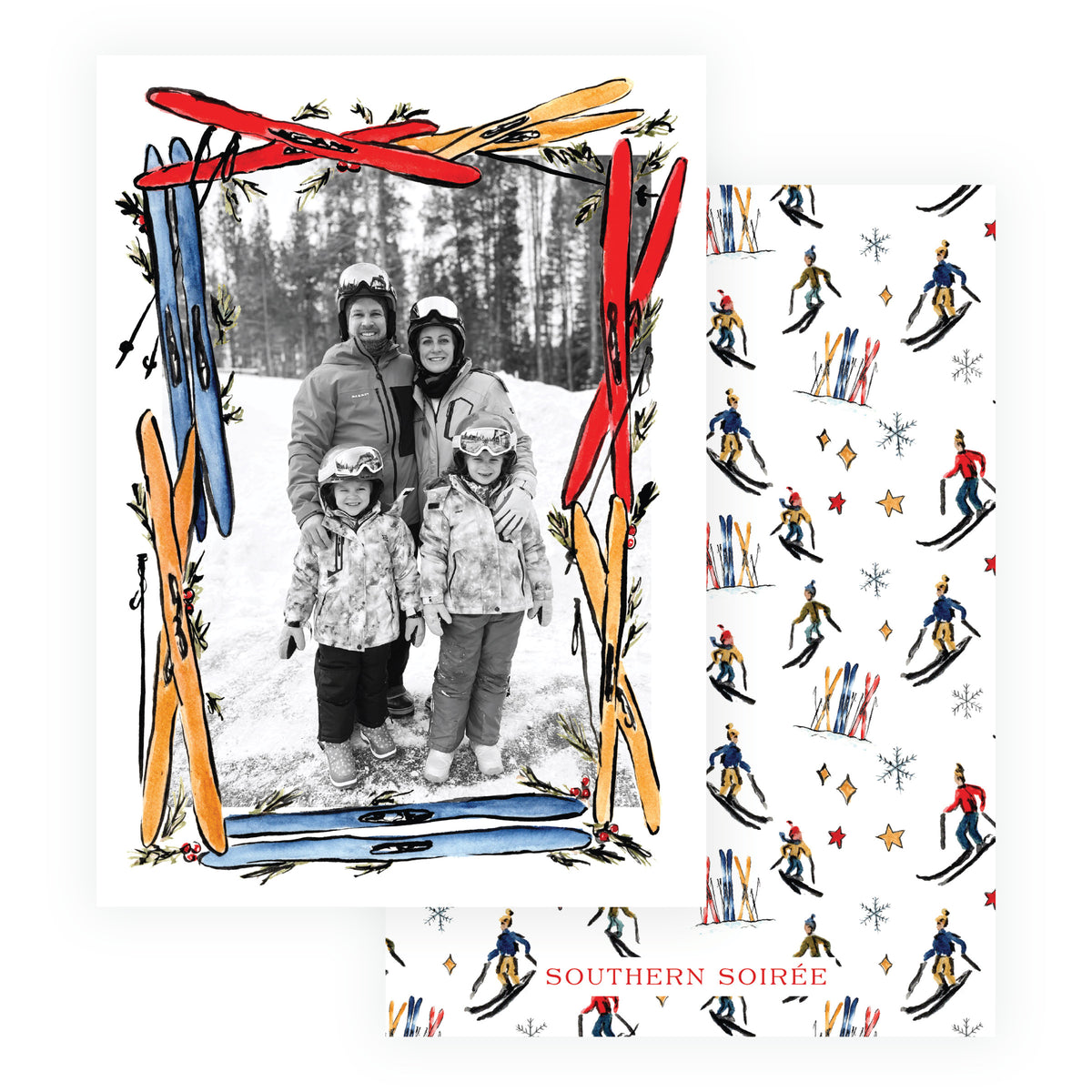 Personalized ski holiday photo card with watercolor ski border and coordinating skier pattern back