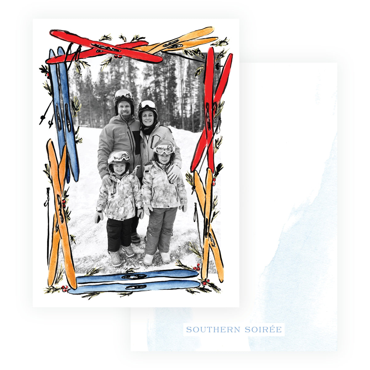 Alpine Holiday personalized ski photo card with exclusive watercolor ski artwork and blue watercolor back
