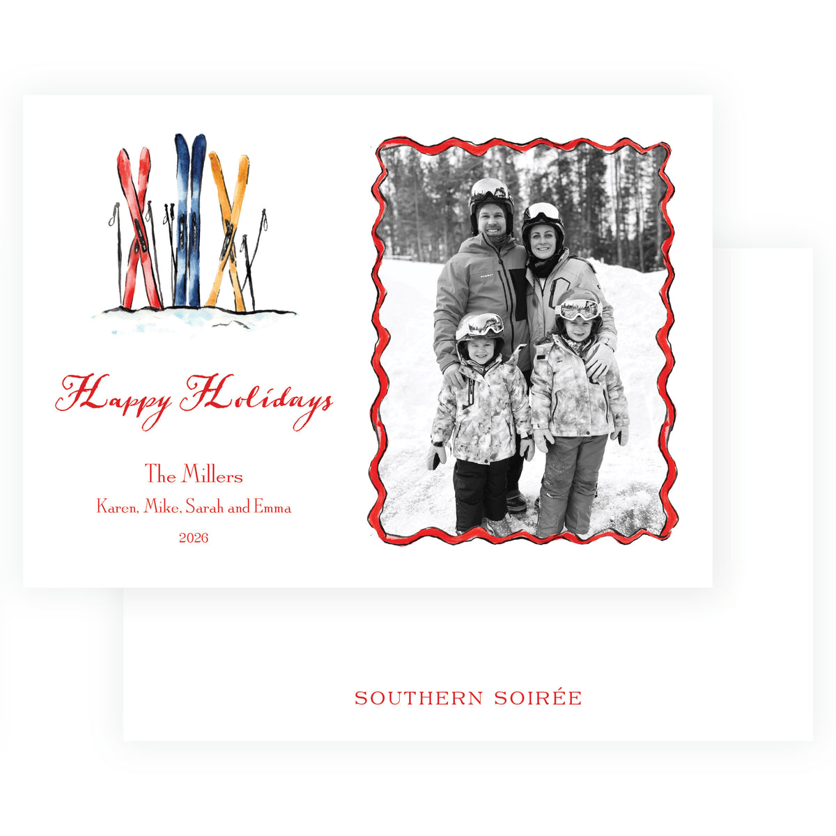 Watercolor skis personalized holiday photo card for ski and mountain-loving families