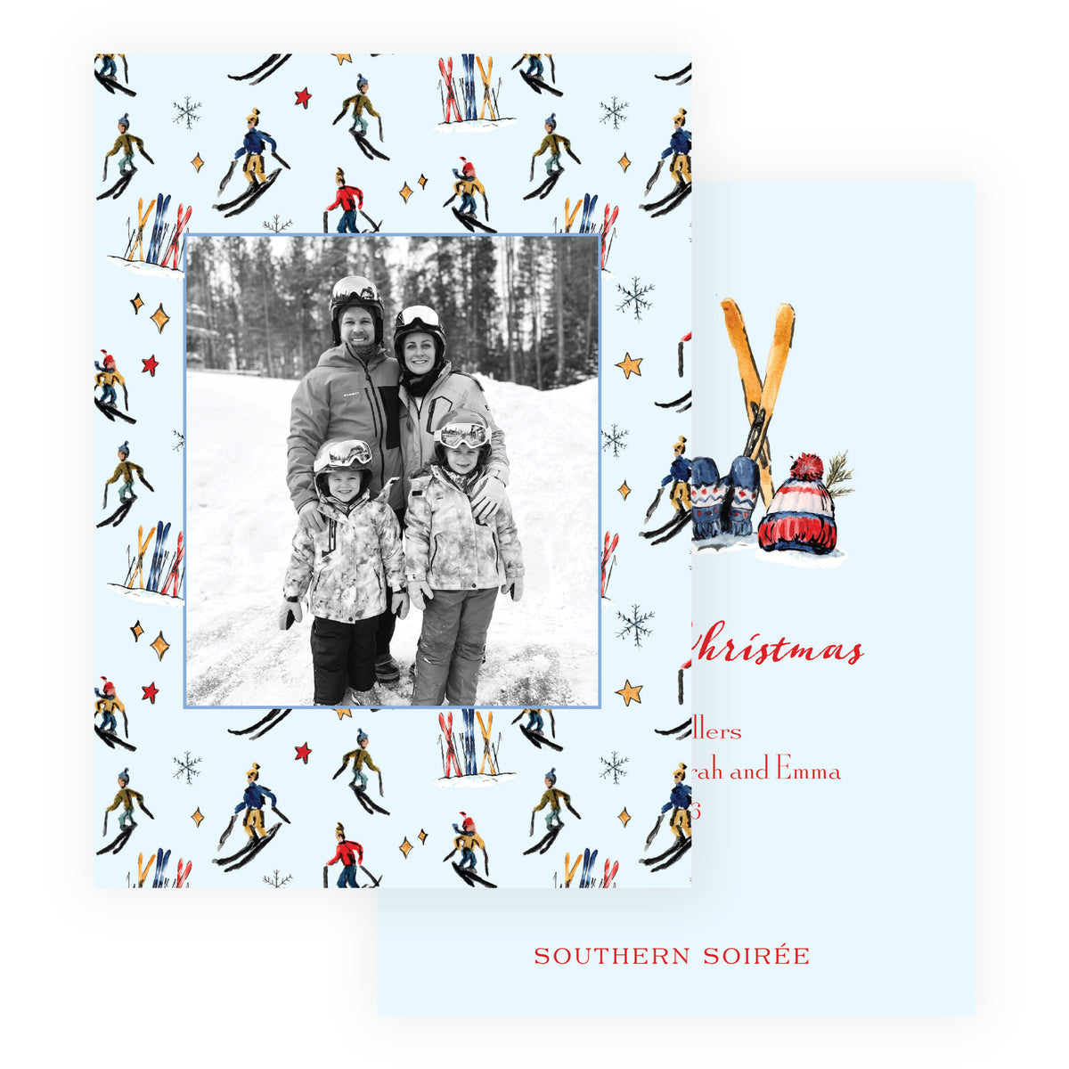 Blue ski pattern personalized holiday photo card with exclusive watercolor skiers, skis and snowflakes