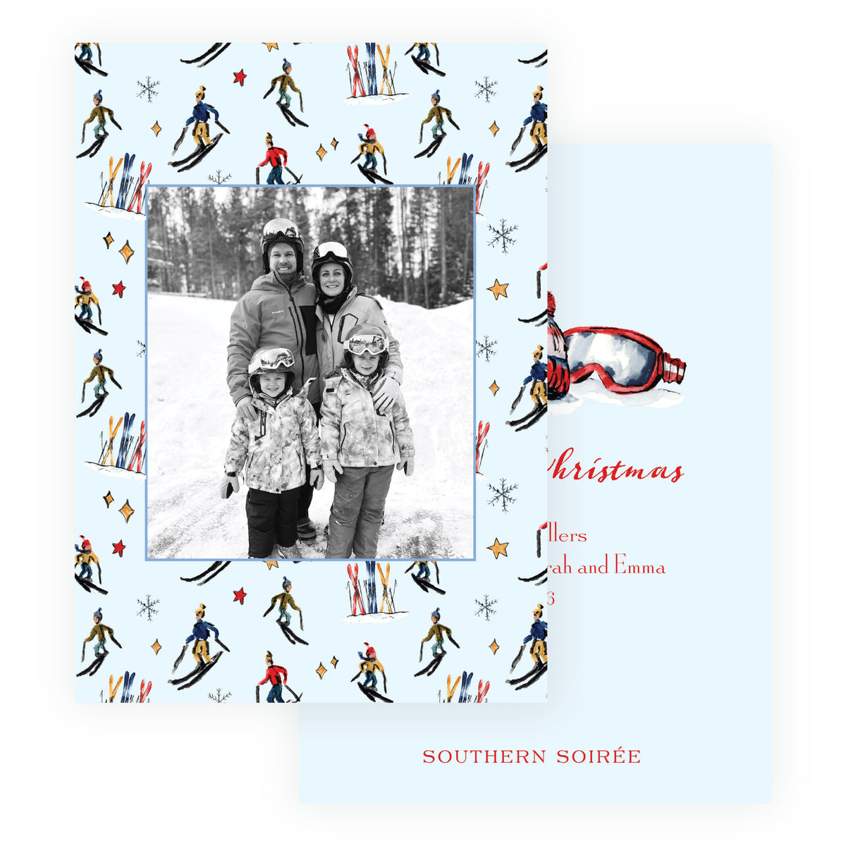 Alpine Holiday – Blue Ski Pattern Personalized Holiday Photo Card