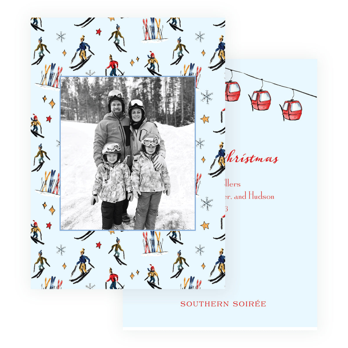 Alpine Holiday – Blue Ski Pattern Personalized Holiday Photo Card