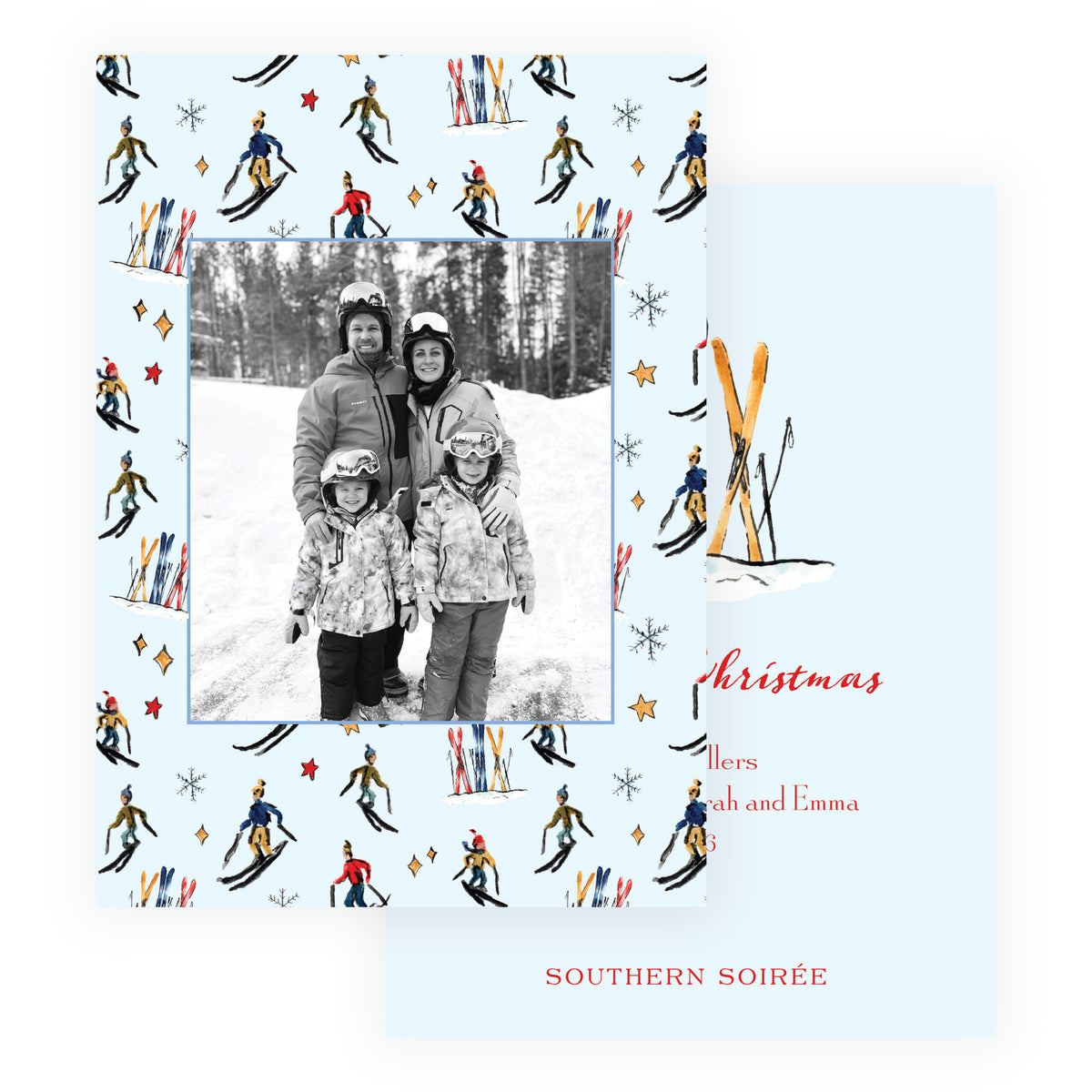 Personalized ski holiday photo card with watercolor skiers and coordinating ski gear back