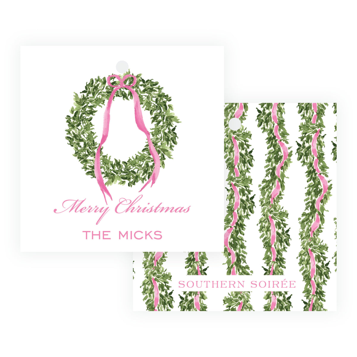 Decked in Bows Pink Square Wreath Personalized Christmas Gift Tag