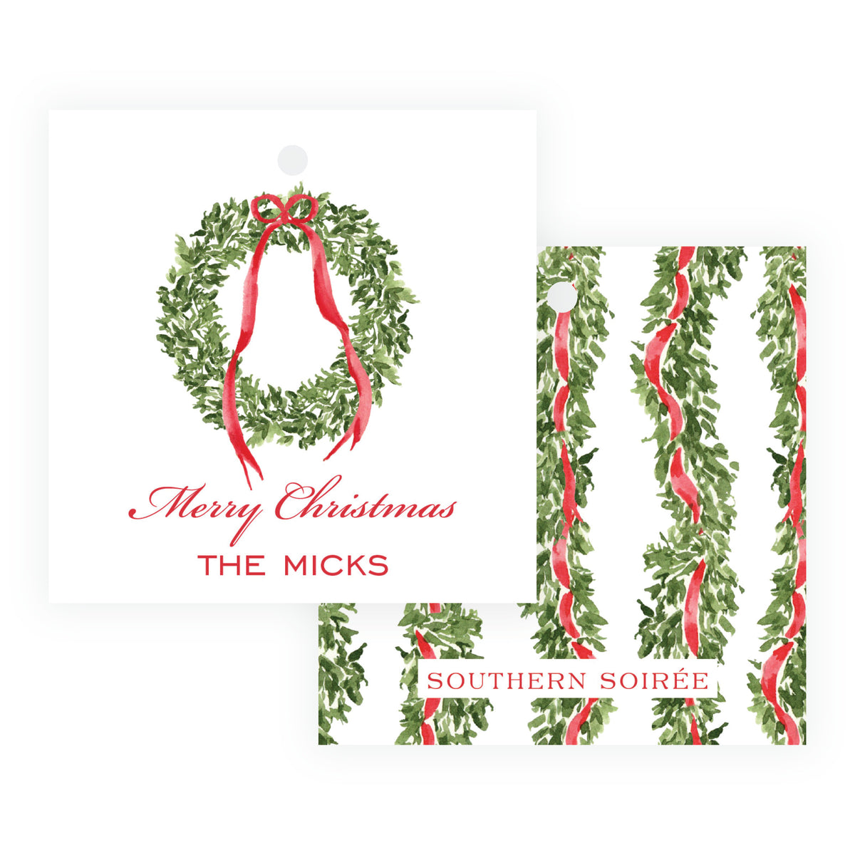 Red personalized square Christmas gift tag with watercolor wreath, red ribbon bow, and family name.