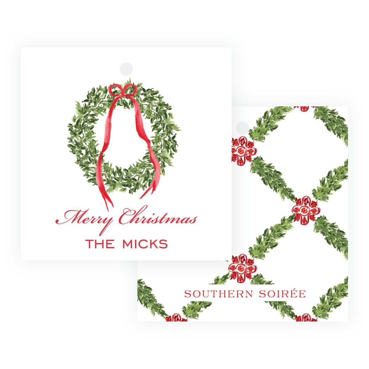 Decked in Bows Red Square Wreath Personalized Christmas Gift Tag