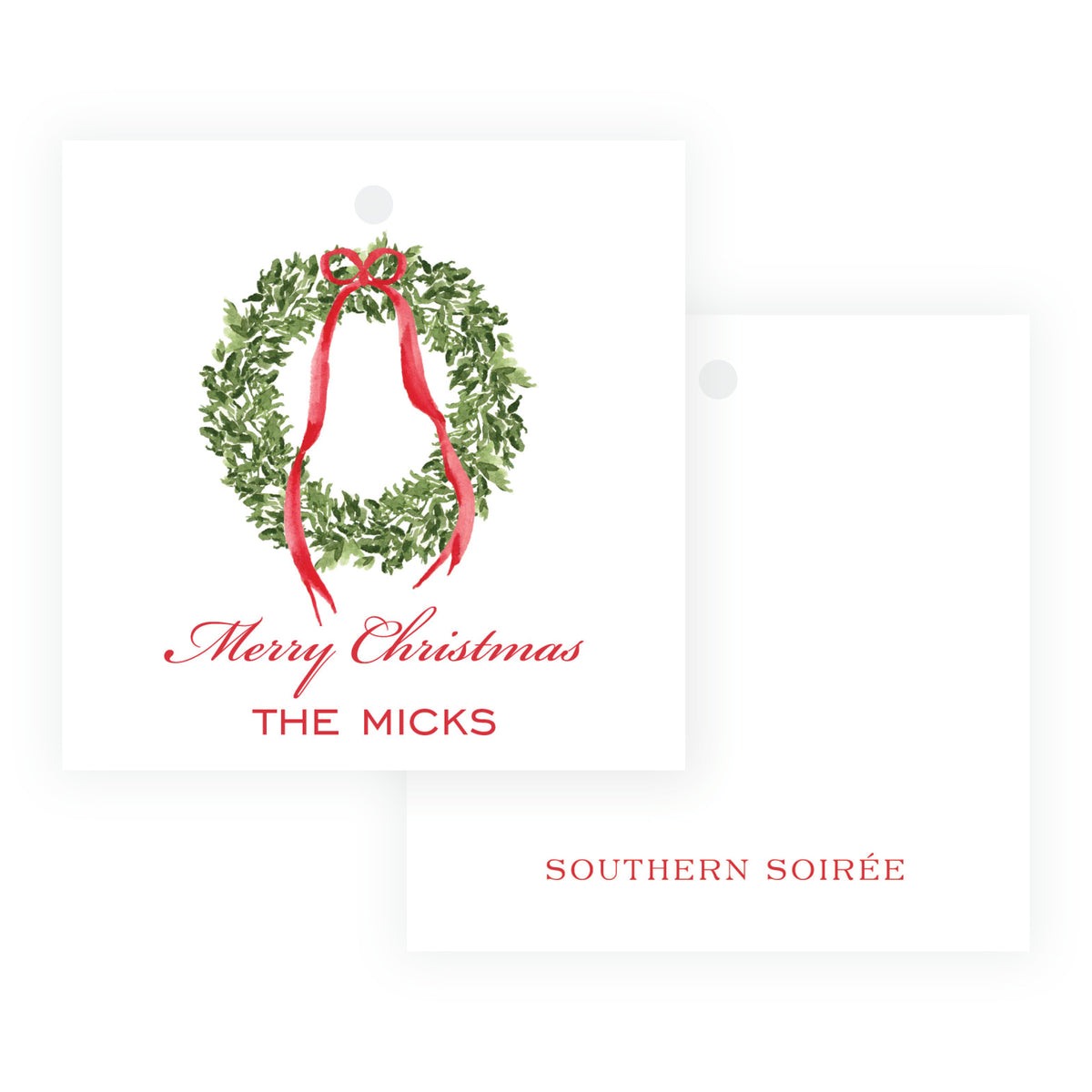Decked in Bows Red Square Wreath Personalized Christmas Gift Tag