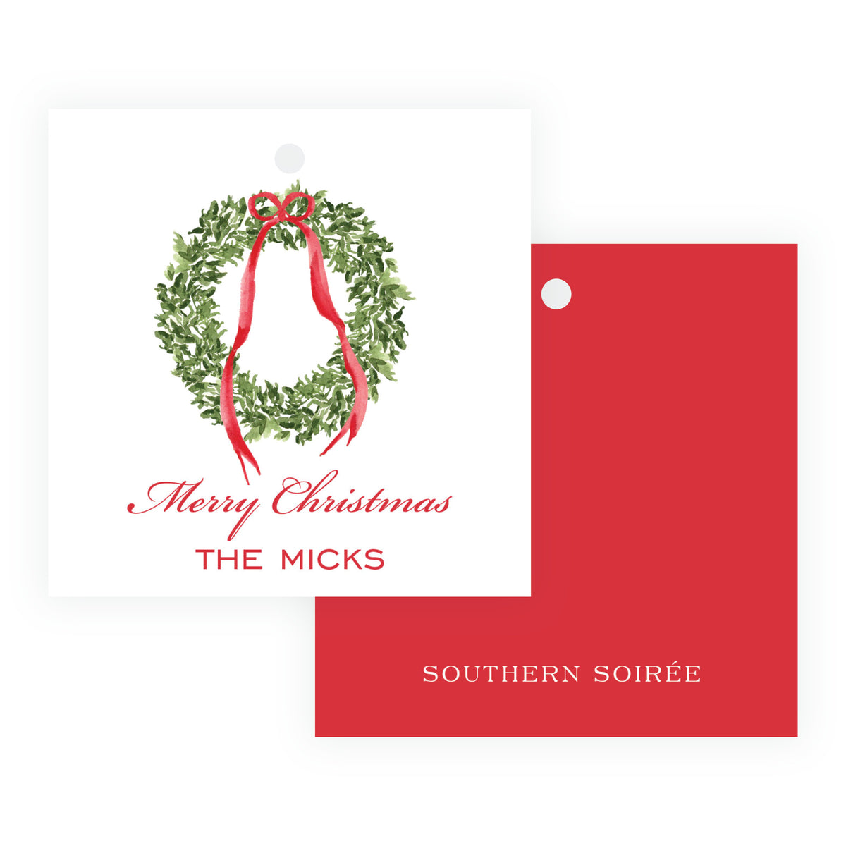 Decked in Bows Red Square Wreath Personalized Christmas Gift Tag