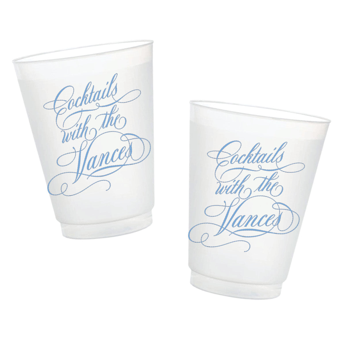 Personalized frosted cocktail cups featuring Cocktails With The and a custom family last name in blue script