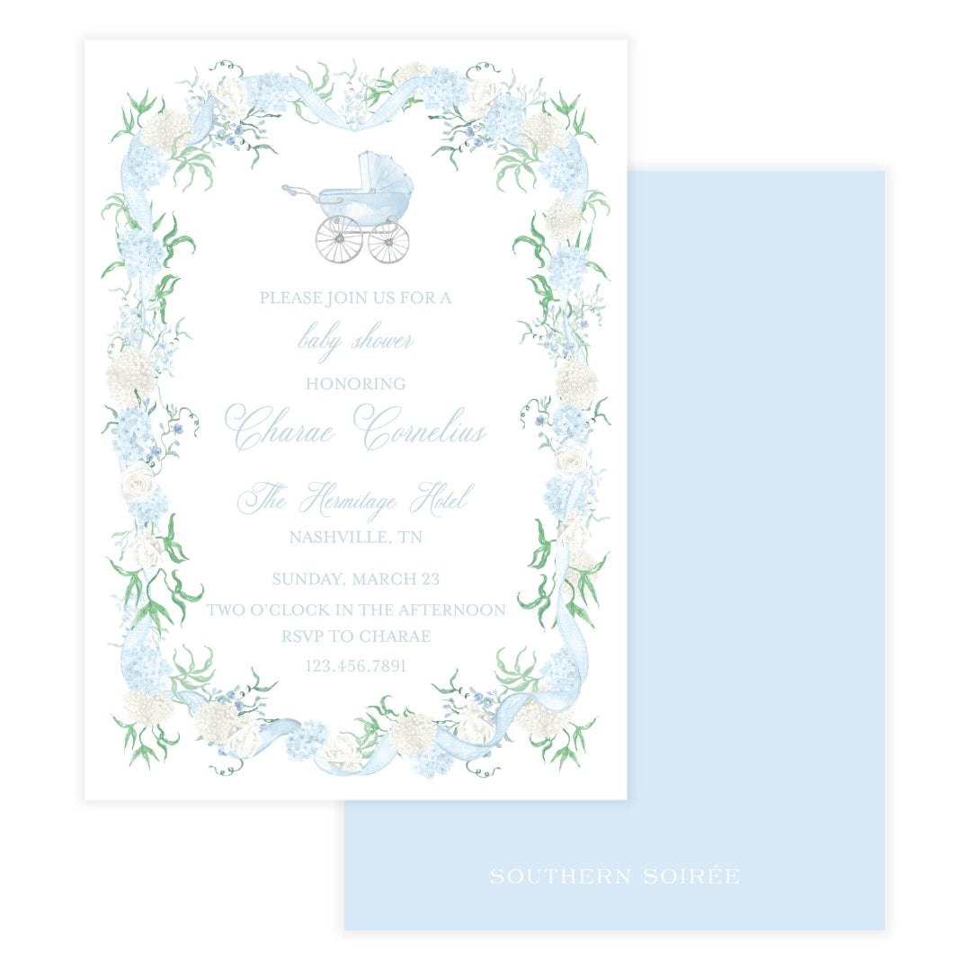 Blue hydrangea baby shower invitation with vintage baby carriage