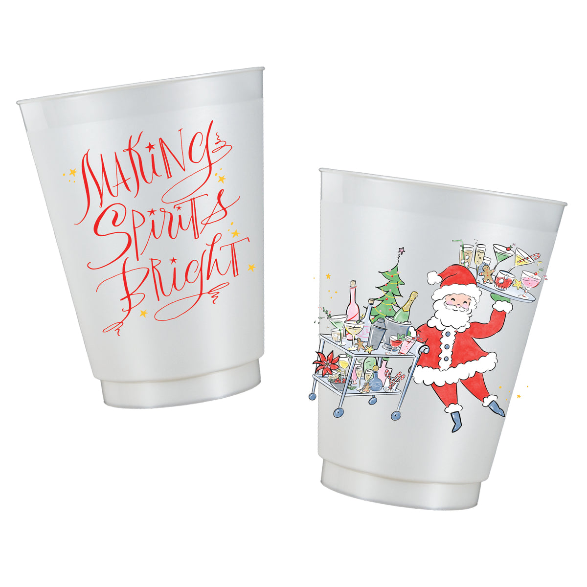 Santa's Holiday Happy Hour Christmas pearl frosted cups featuring Santa with a festive cocktail bar cart and red Making Spirits Bright lettering with gold stars.
