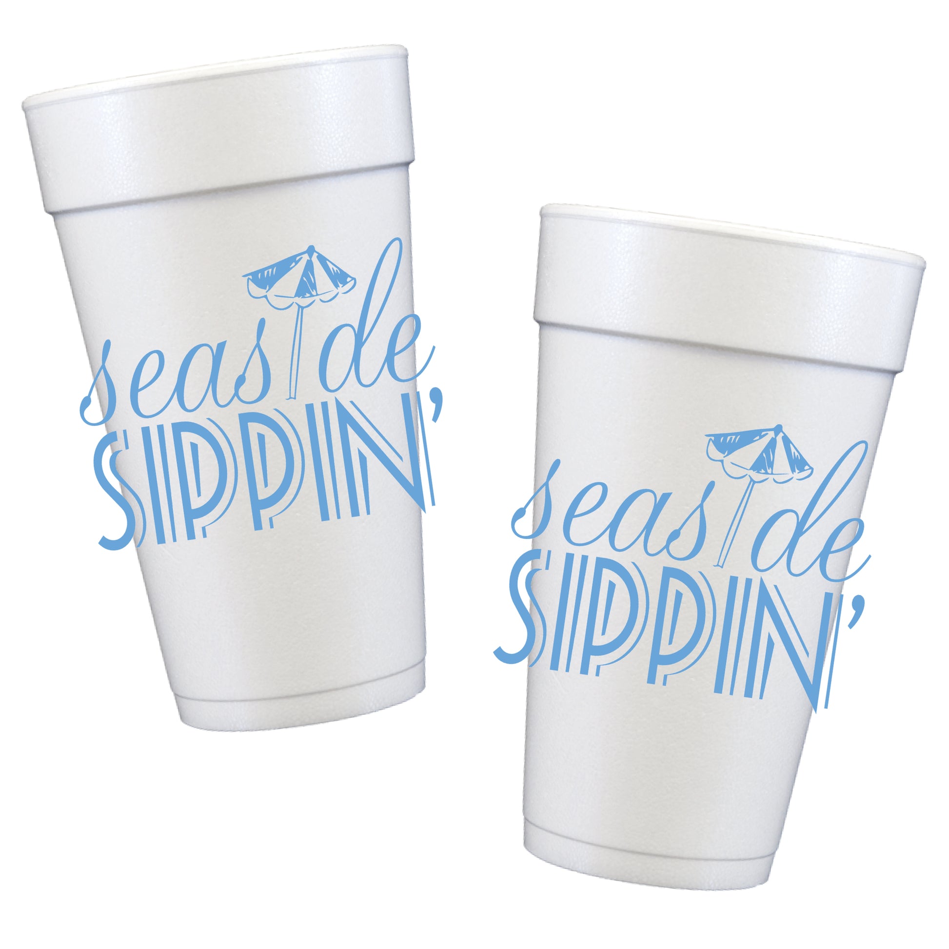 easide Sippin’ foam party cups with blue beach umbrella design – coastal beach house drink cups for summer entertaining, lake house, boat parties and seaside gatherings.