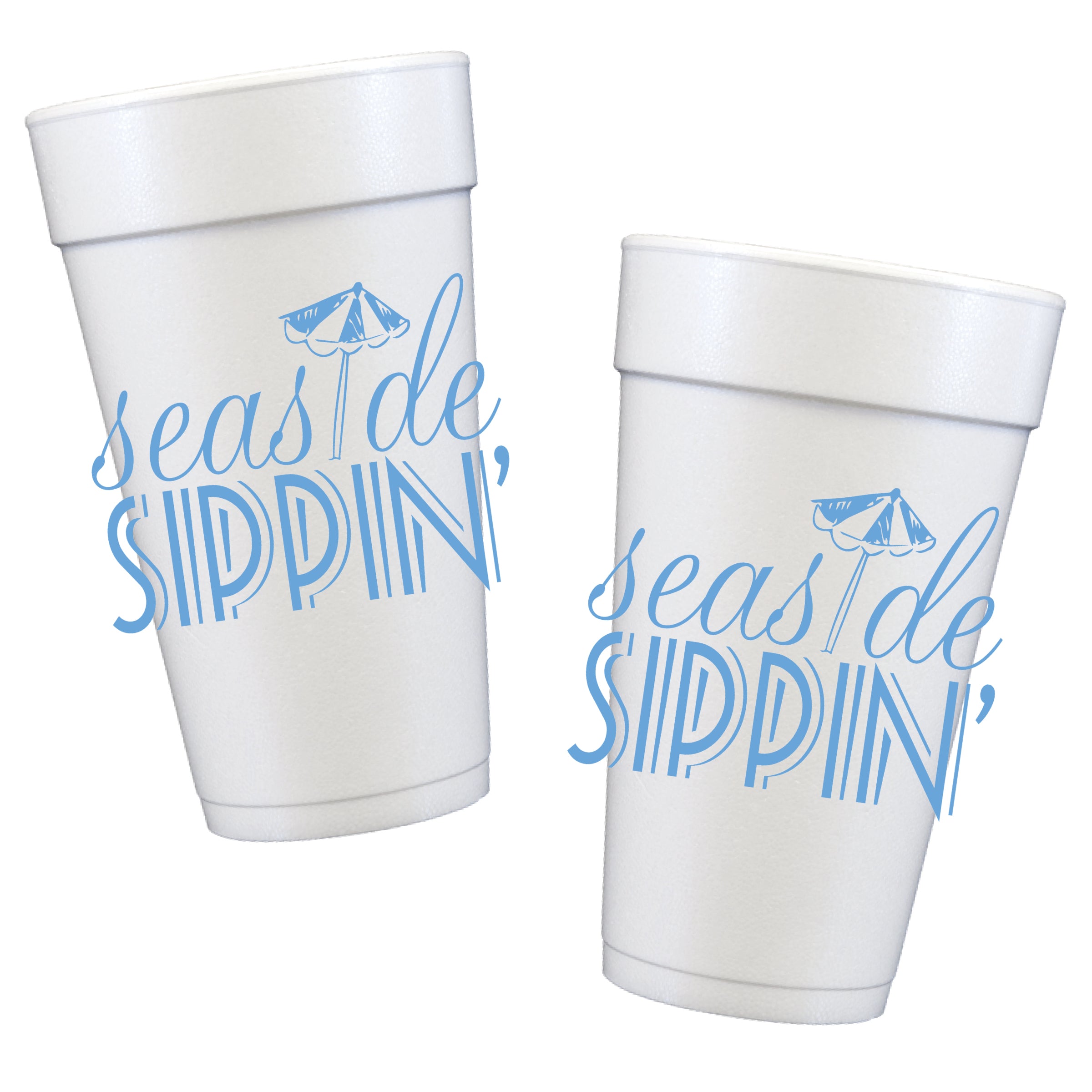 easide Sippin’ foam party cups with blue beach umbrella design – coastal beach house drink cups for summer entertaining, lake house, boat parties and seaside gatherings.