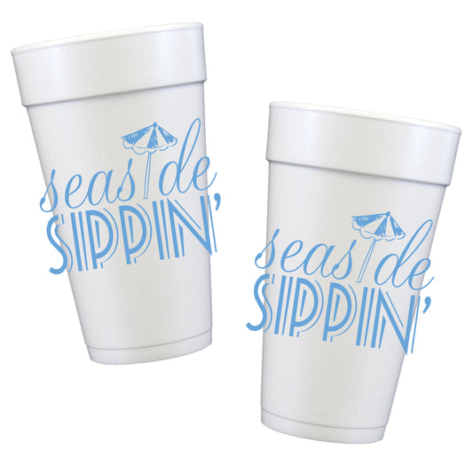 easide Sippin’ foam party cups with blue beach umbrella design – coastal beach house drink cups for summer entertaining, lake house, boat parties and seaside gatherings.