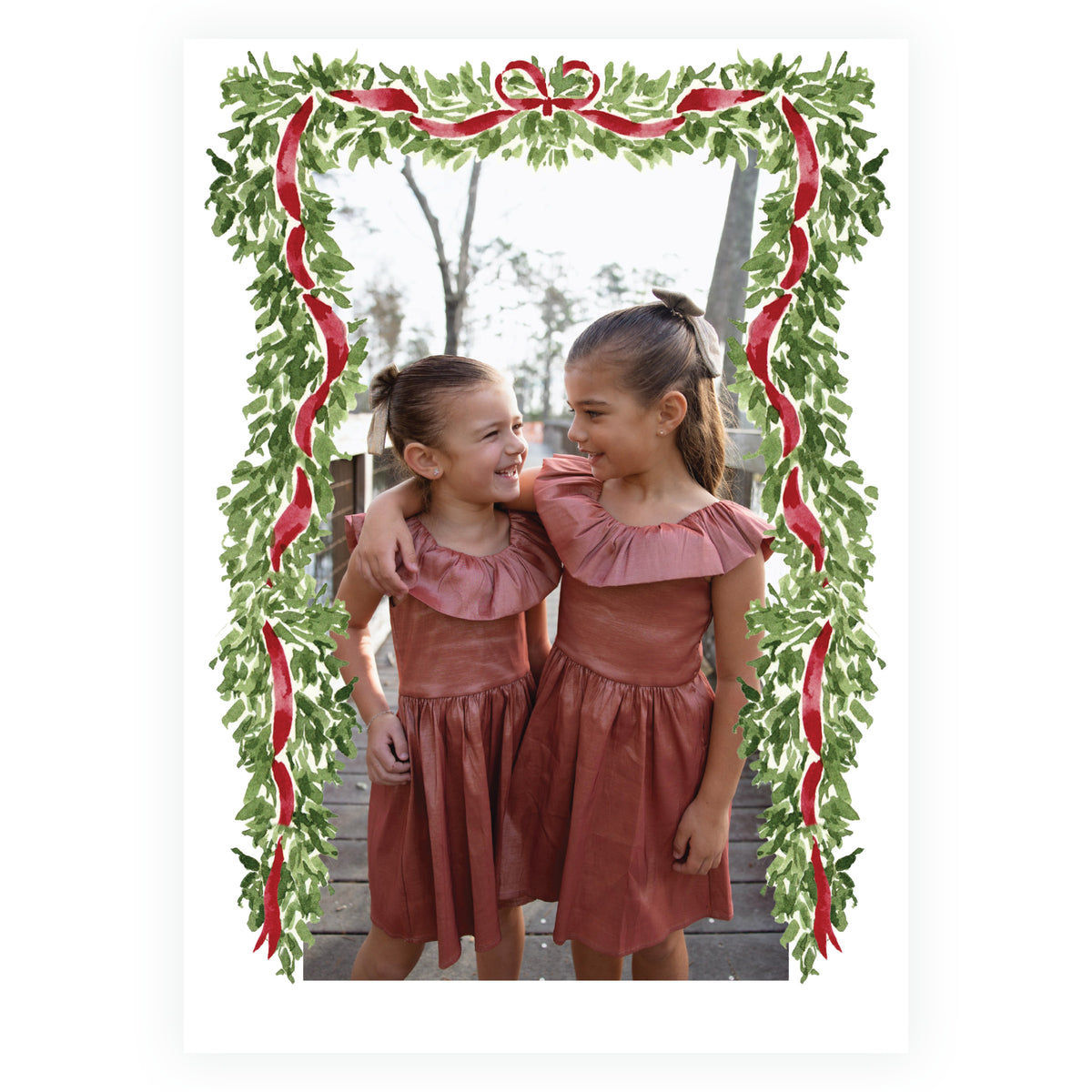 Watercolor evergreen garland Christmas card with burgundy ribbon and bow