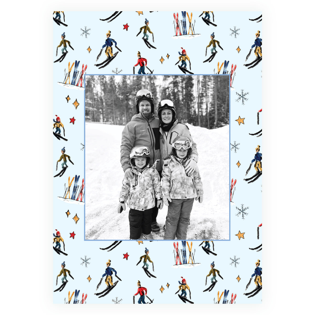 Alpine Holiday – Blue Ski Pattern Personalized Holiday Photo Card