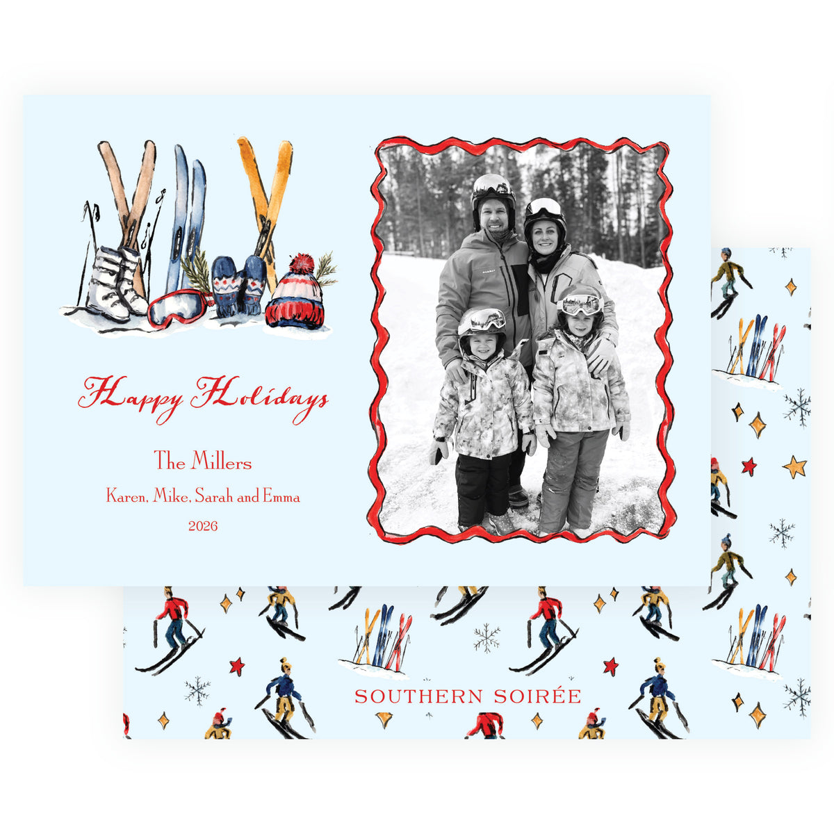 Personalized ski Christmas photo card with watercolor winter gear and skier pattern back