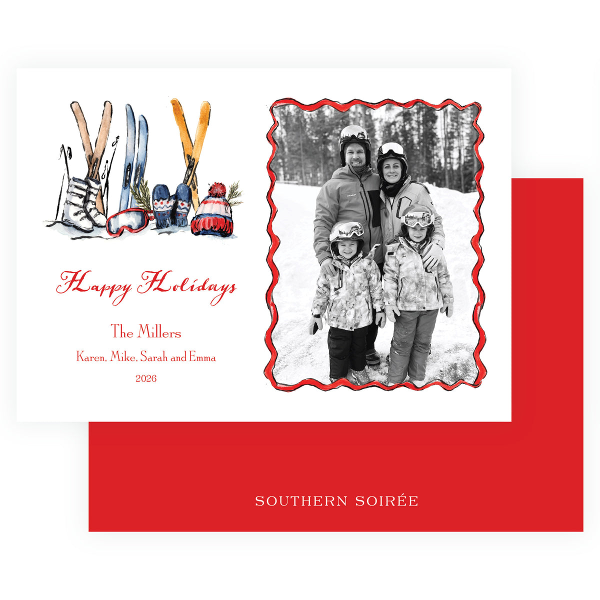 Watercolor ski Christmas photo card featuring skis, goggles, boots, mittens and knit hat
