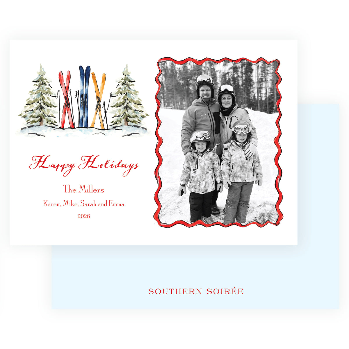 Personalized ski family holiday card with watercolor ski equipment and winter gear