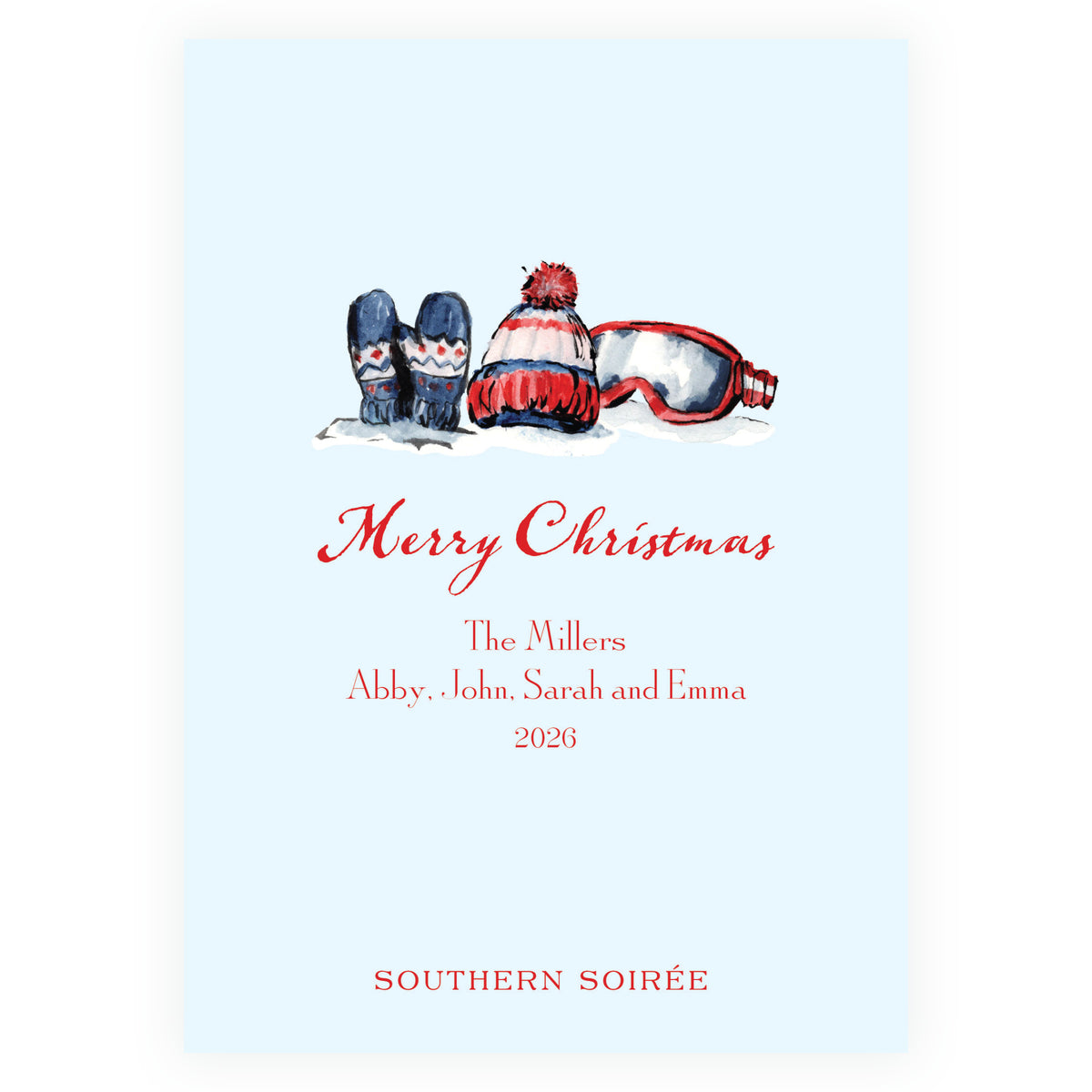 Alpine Holiday – Blue Ski Ribbon Frame Personalized Holiday Photo Card