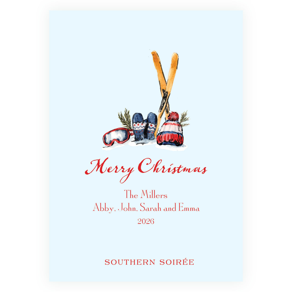 Alpine Holiday – Blue Ski Ribbon Frame Personalized Holiday Photo Card