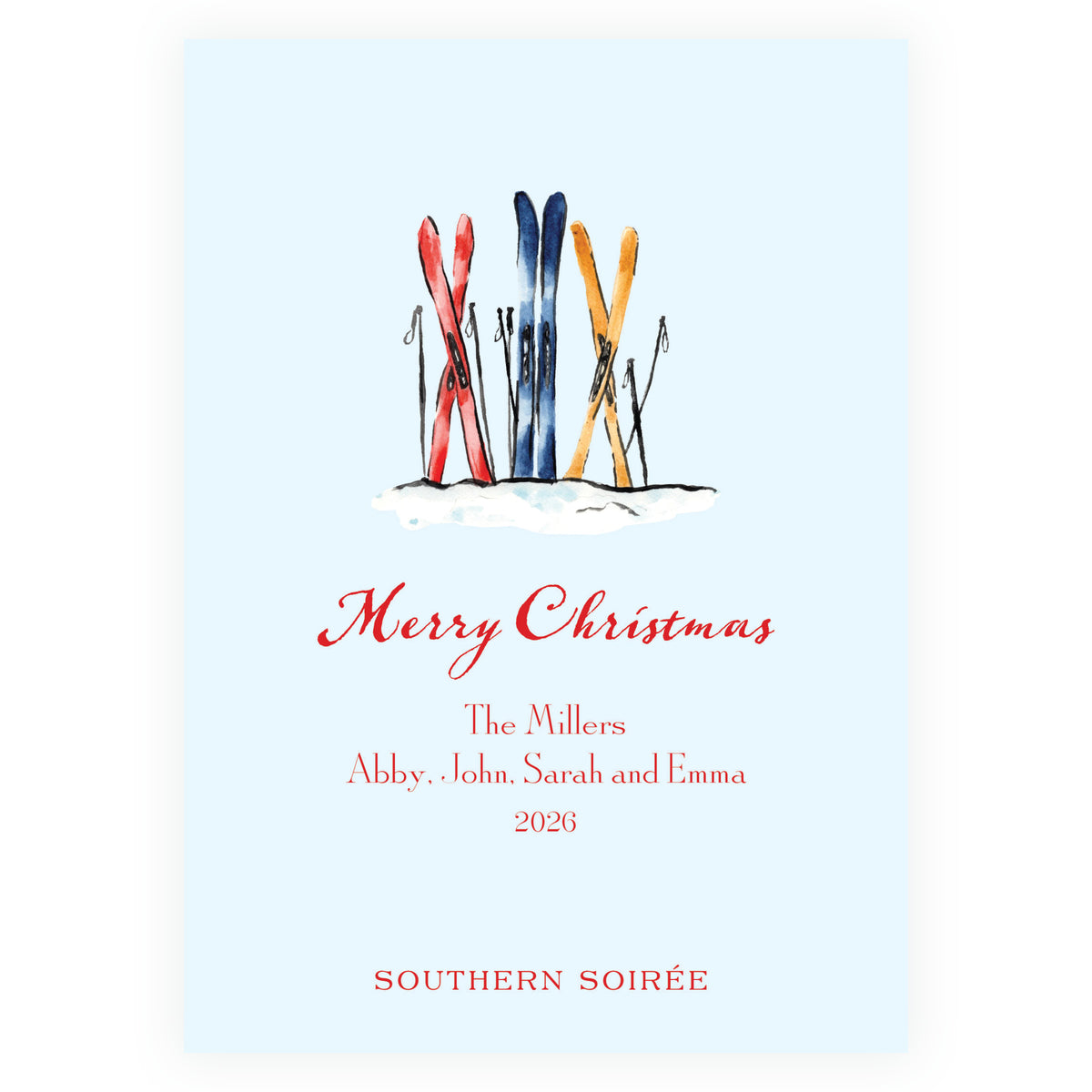 Alpine Holiday – Blue Ski Ribbon Frame Personalized Holiday Photo Card
